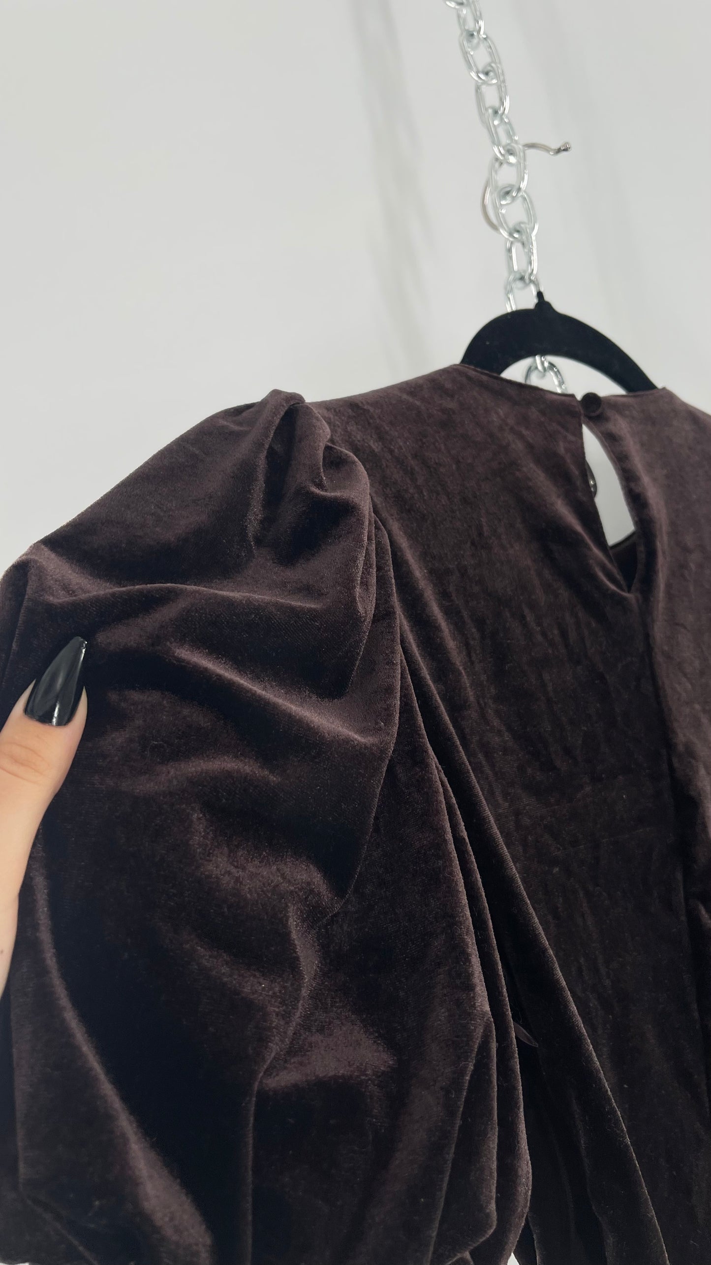 Anthropologie Sundays in Brooklyn Dark Brown Puff Shoulder, High Neck, Juliette Sleeve Blouse (XXSP)