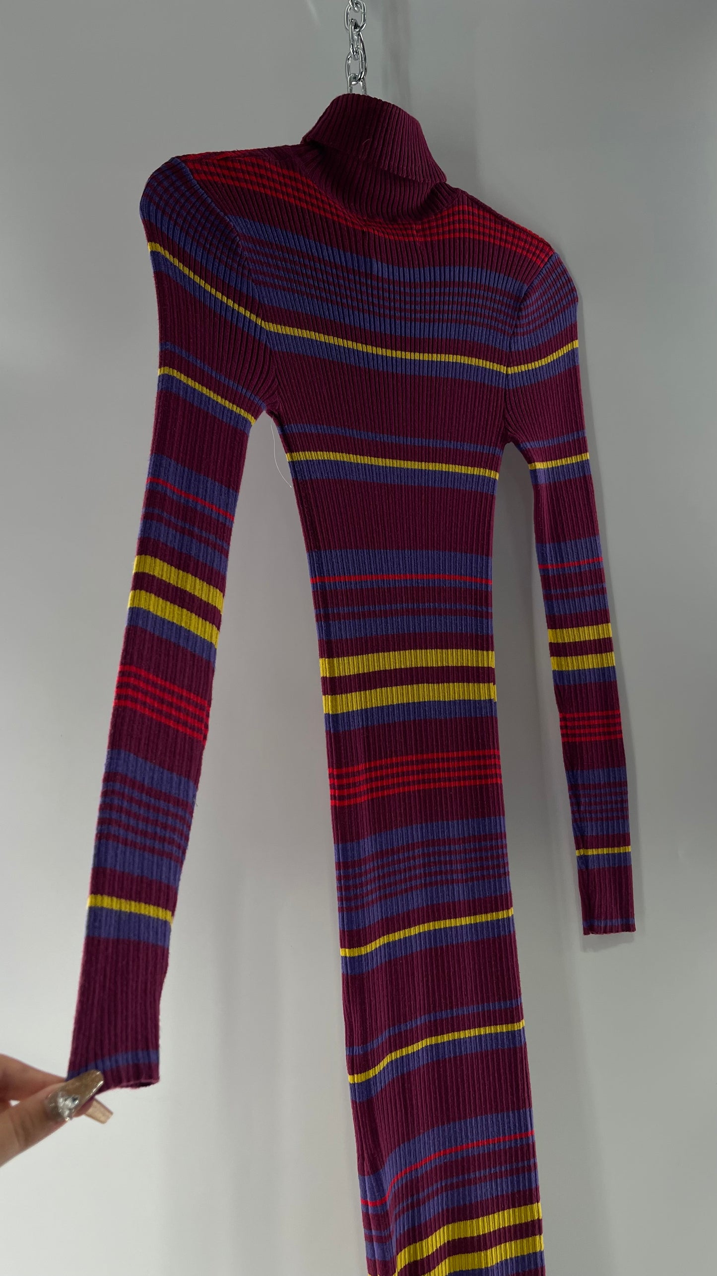 Urban Outfitters Ribbed Striped Plum Turtle Neck Sweater Maxi Dress (Small)