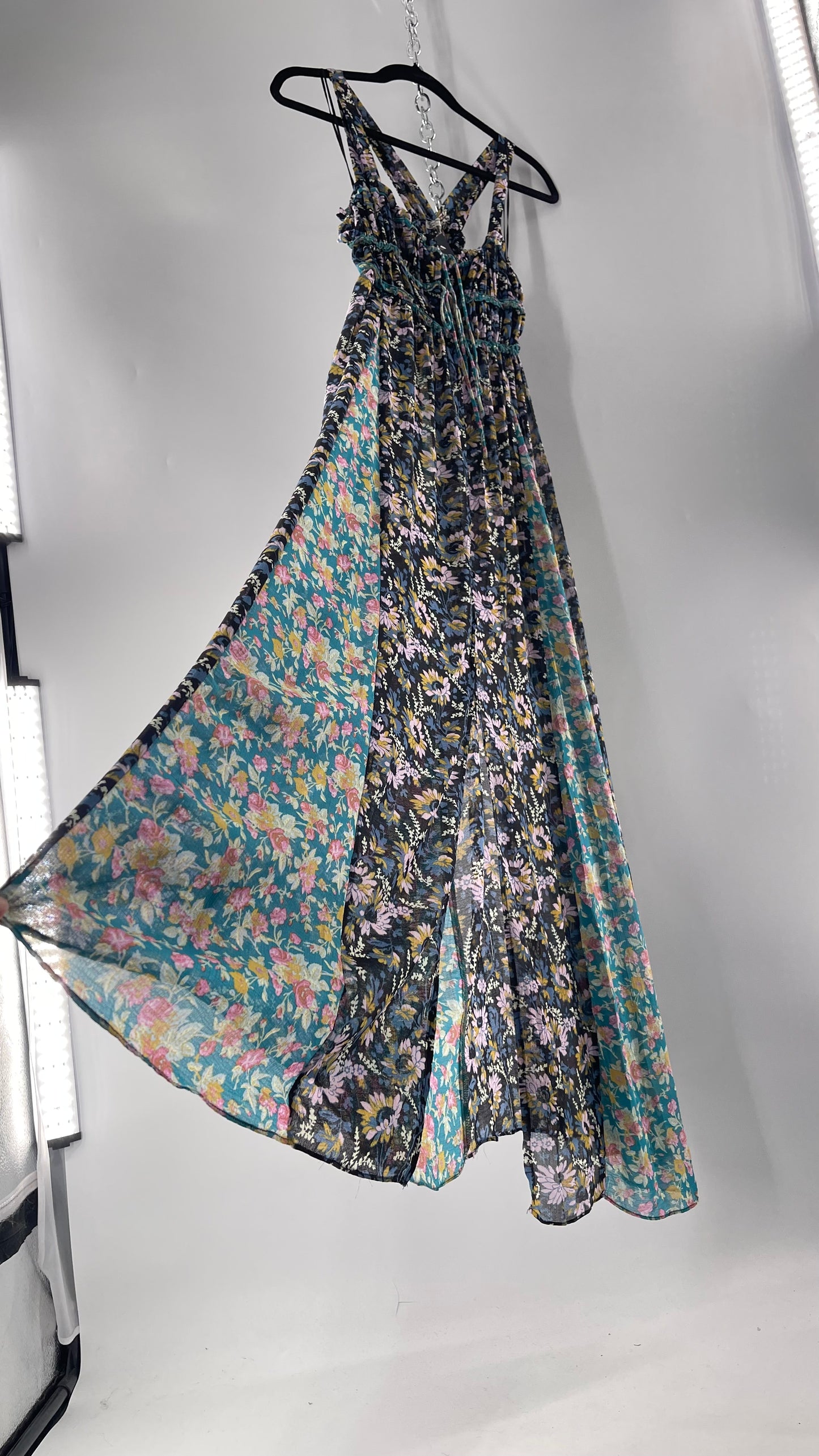 Intimately Free People Black and Teal Mixed Pattern Floral Maxi Dress with Tags Attached (XS)