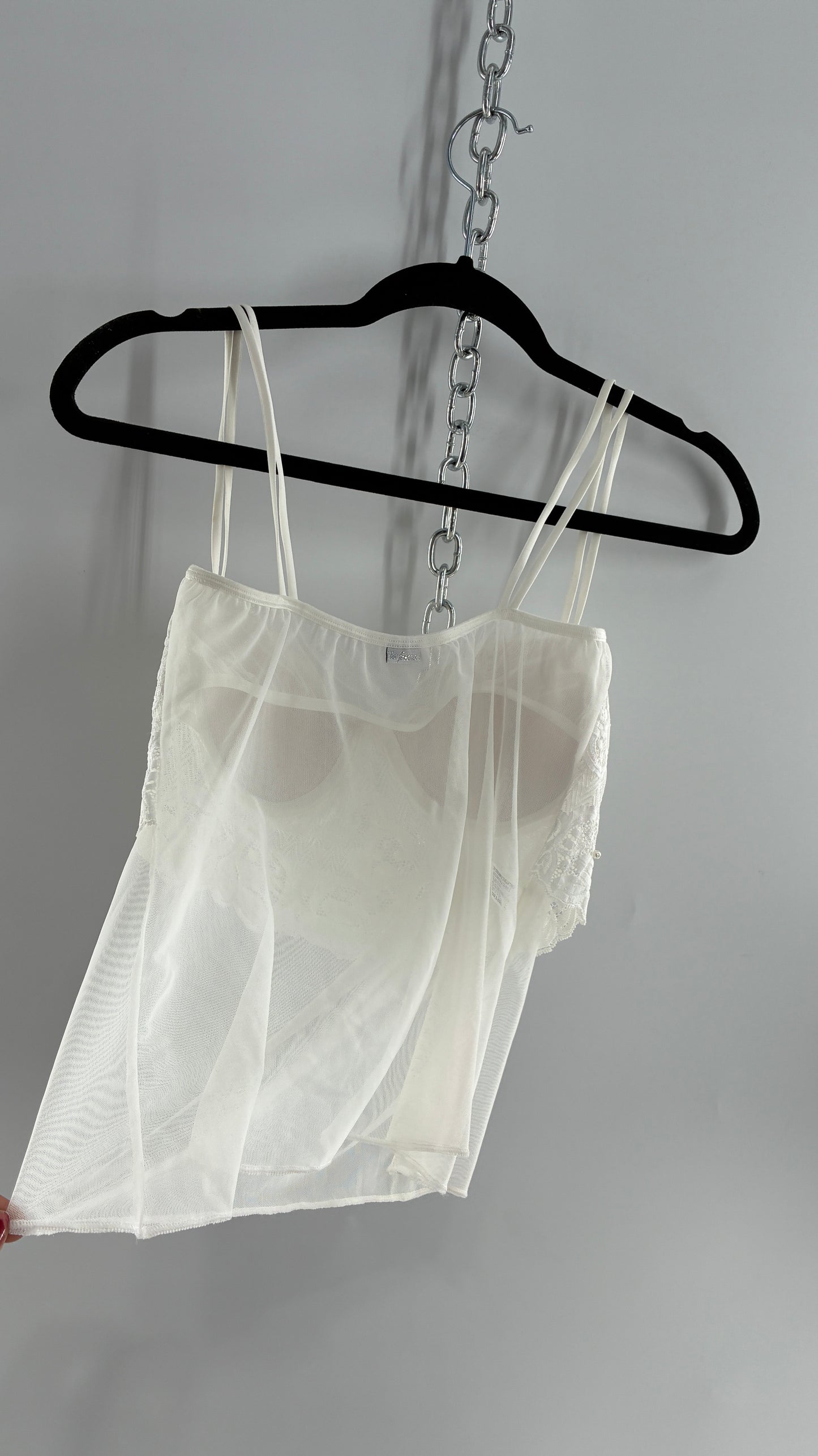 Vintage LA FRESCA White Lace Bustier Babydoll with Mesh Bodice and Beaded Cups/Band (Large)