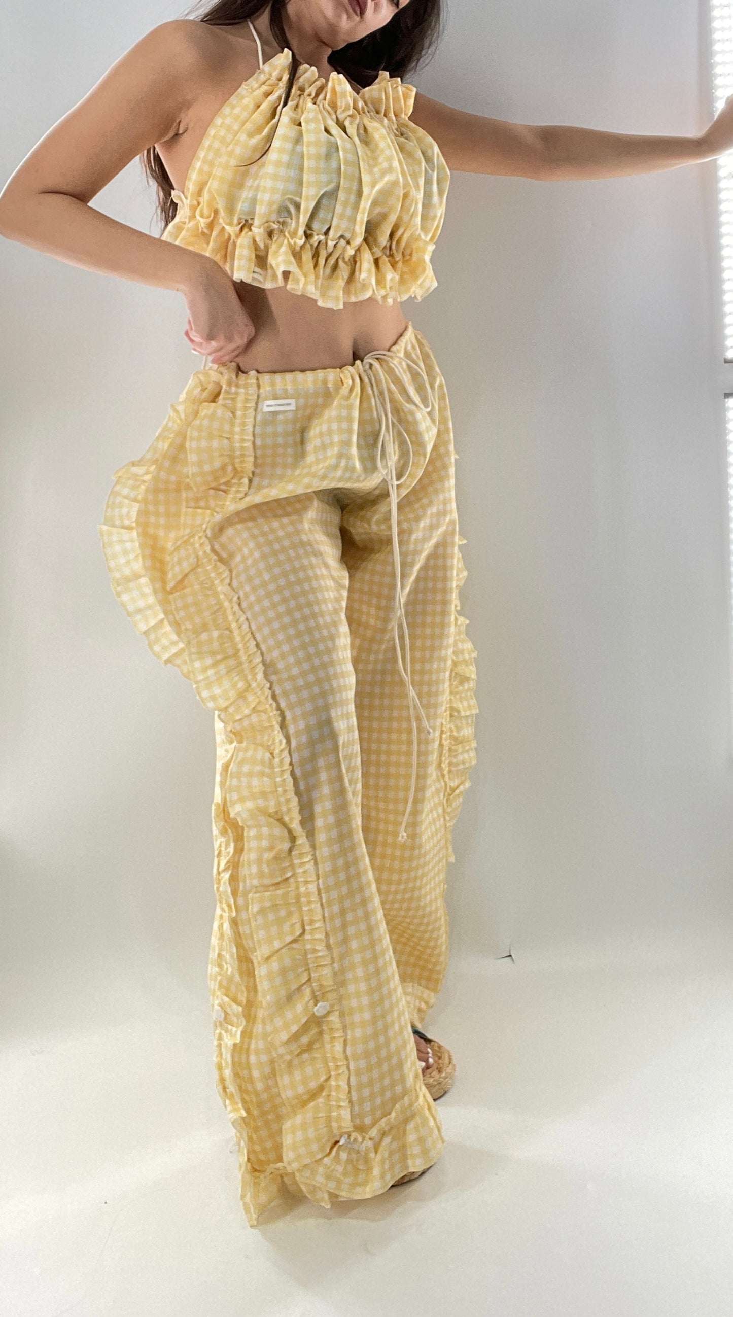 Vintage 2 Piece Yellow Checkered/Gingham Patterned Picnic Set with Ruched Bust Top and Ruffle Side Wide Legs with Adjustable Length, Strap Up Buttons on Hem (One Size)