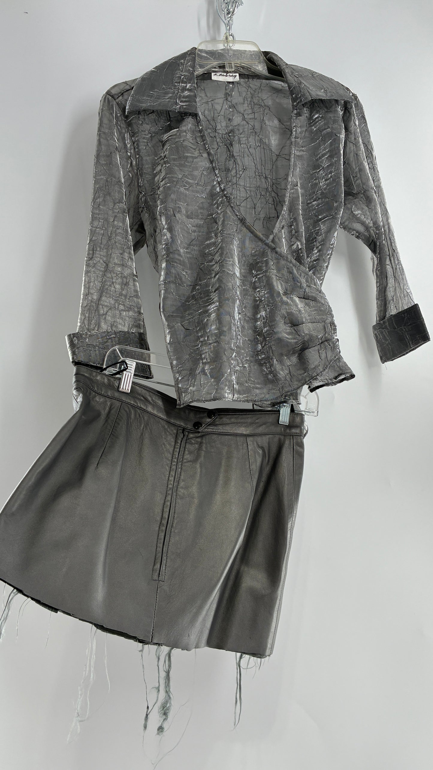 Vintage 1980s JUST PIERRE 3pc Metallic Silver Leather Trench Coat, Micro Mini Skirt and Sheer Blouse Set (S/M)