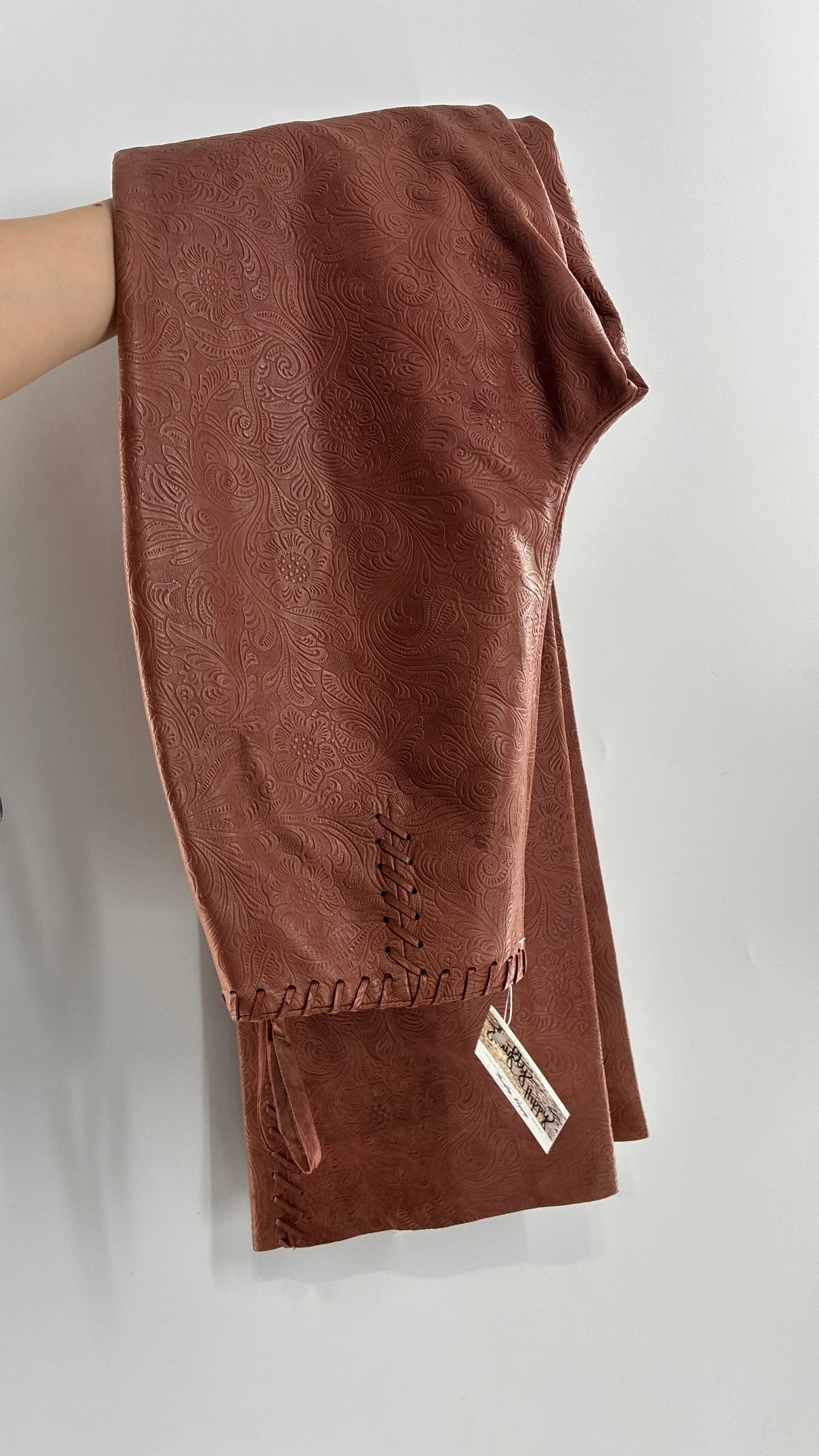 Vintage Embossed Paisley Patterned Genuine Leather Pants with Stitching Details (No Label Unbranded, S)