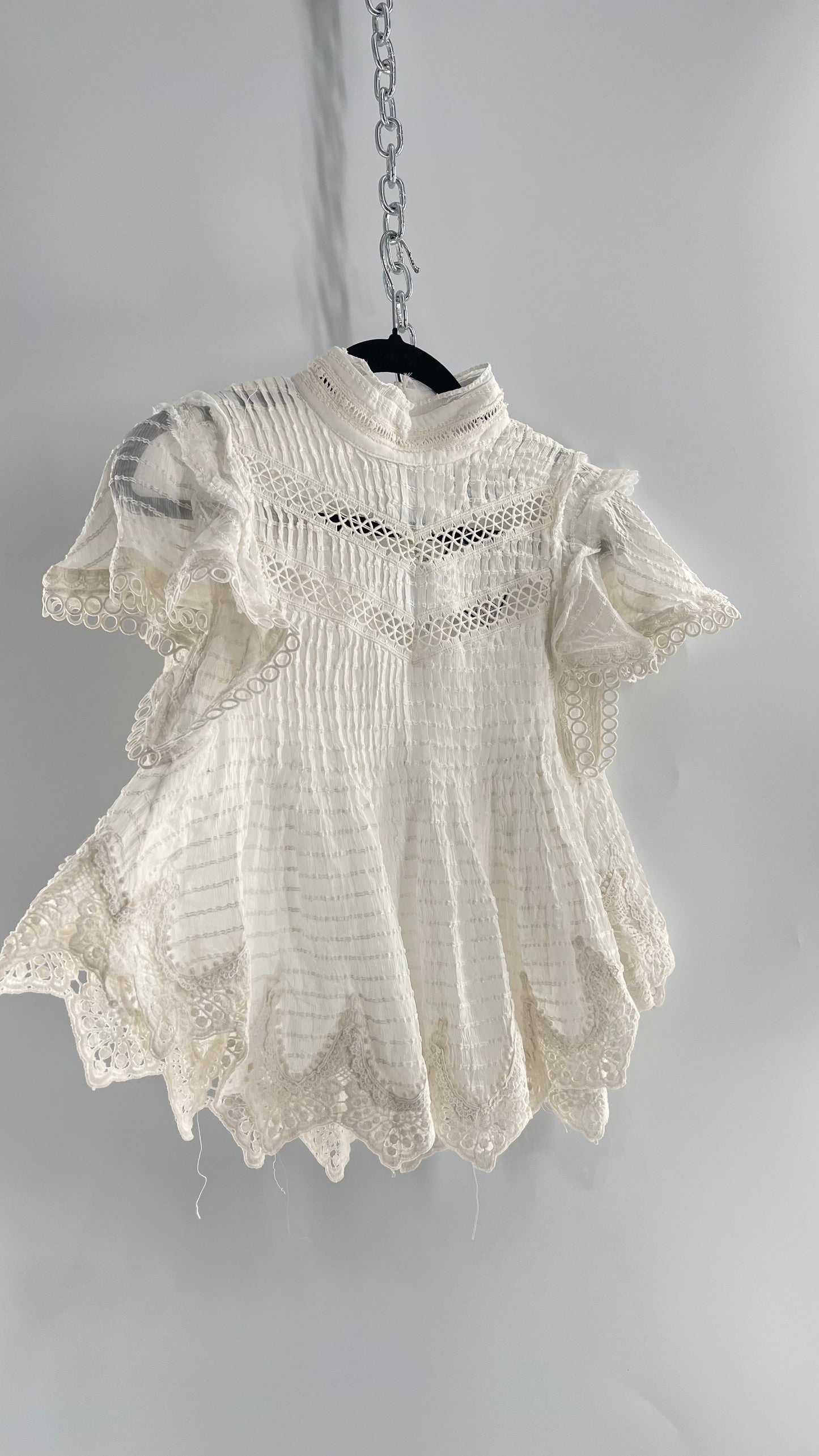 Kimchi Blue White 68% Viscose 32% Cotton Romantic Blouse with High Neck, Textured Body, and Scalloped Lace Hem and Sleeves (Small)