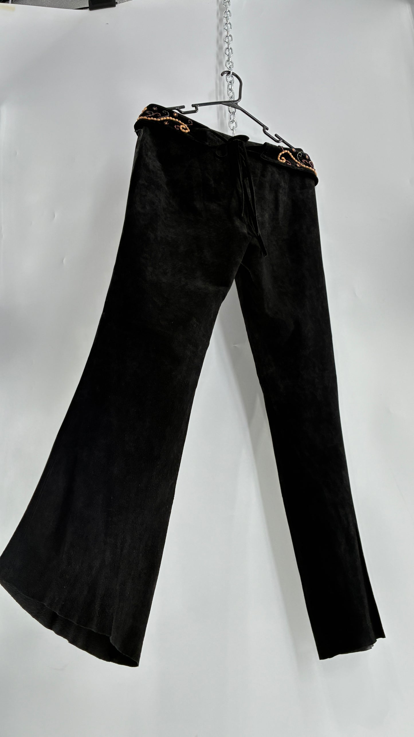 Vintage Margaret Godfrey Black Genuine Suede Leather Kick Flares with Wide Beaded Belt (10)