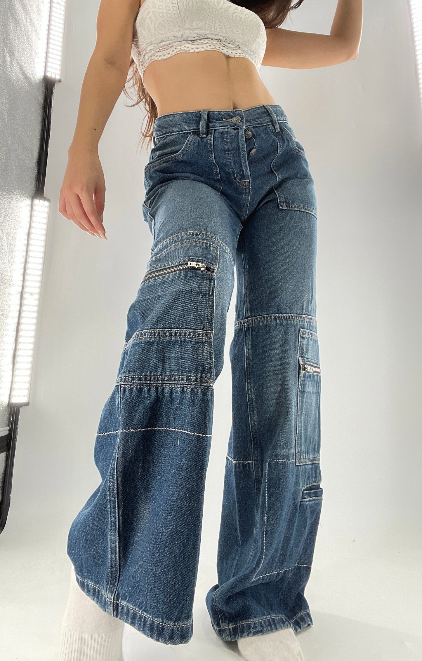 Free People Medium Wash Baggy Straight Legs Jeans Covered in Zippers, Pockets, Stitching (28)