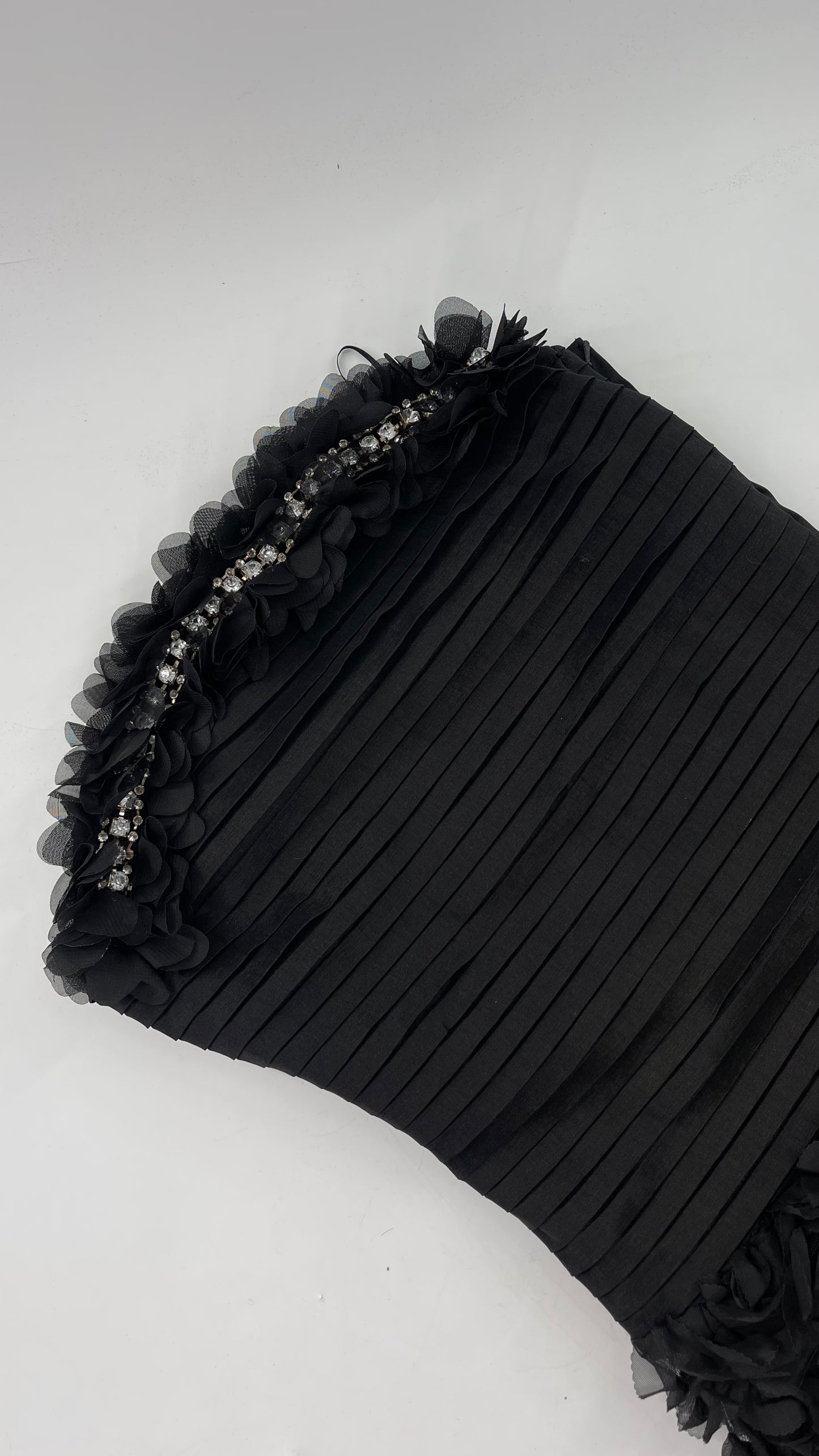 C.O:GWBG Black Dress with Pleated Bodice, Floral Ruffled Skirt and Bedazzled Bustline (S/M)