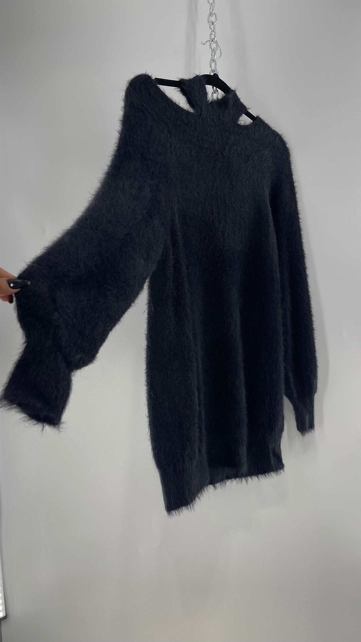 Callahan Black Fuzzy/Shaggy Slouchy Sweater with Choker Neckline Detail (Small)