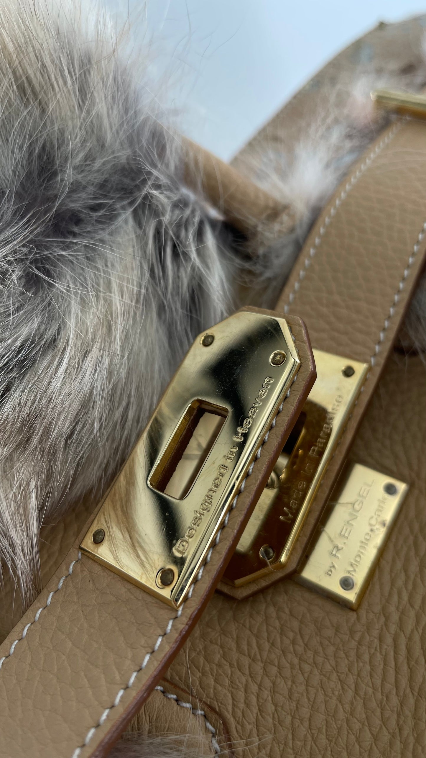 Vintage REMC R.ENGEL Monte Cristo High Society Tan Leather Purse with Silver Embossed Leather Detail, Feather Trim and Heavy Gold Locket Birken Look Alike