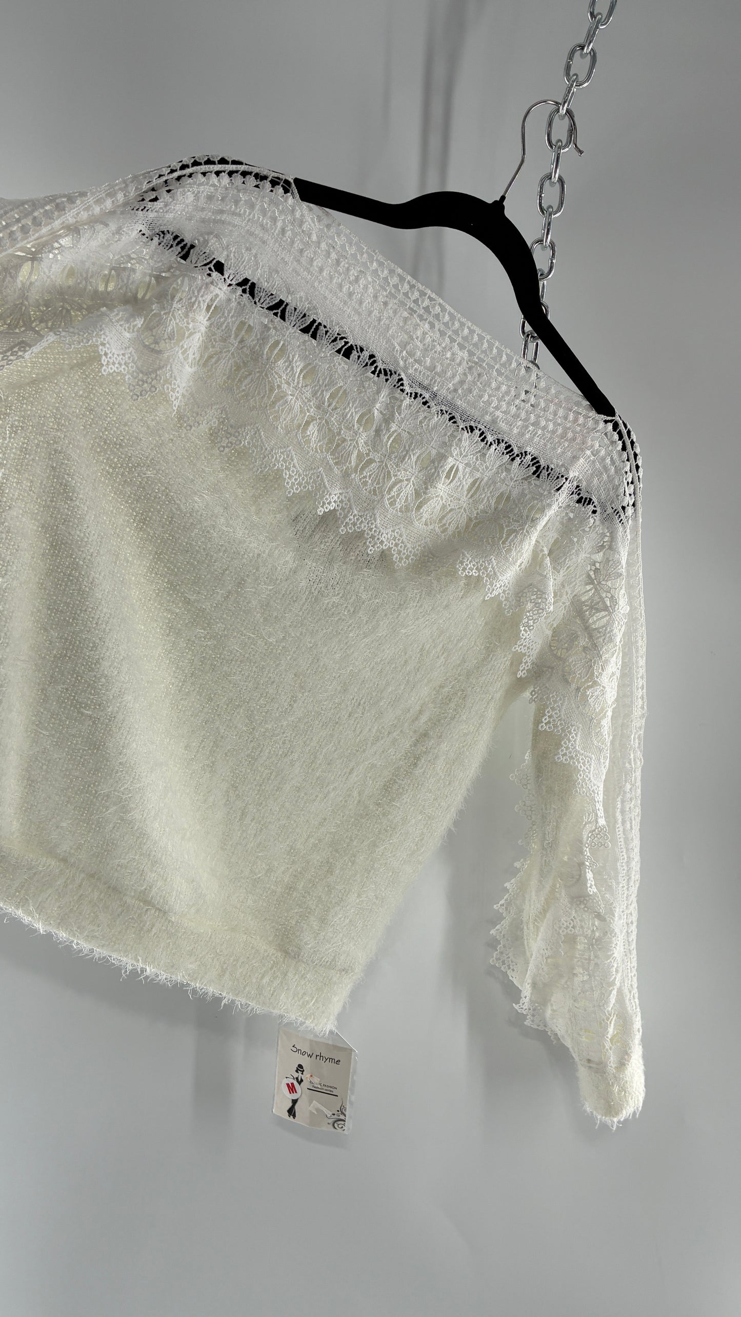 Deadstock White Shaggy Sweater with Thick Scalloped Lace Neckline + Arm Detail and Tags Attached (Medium)