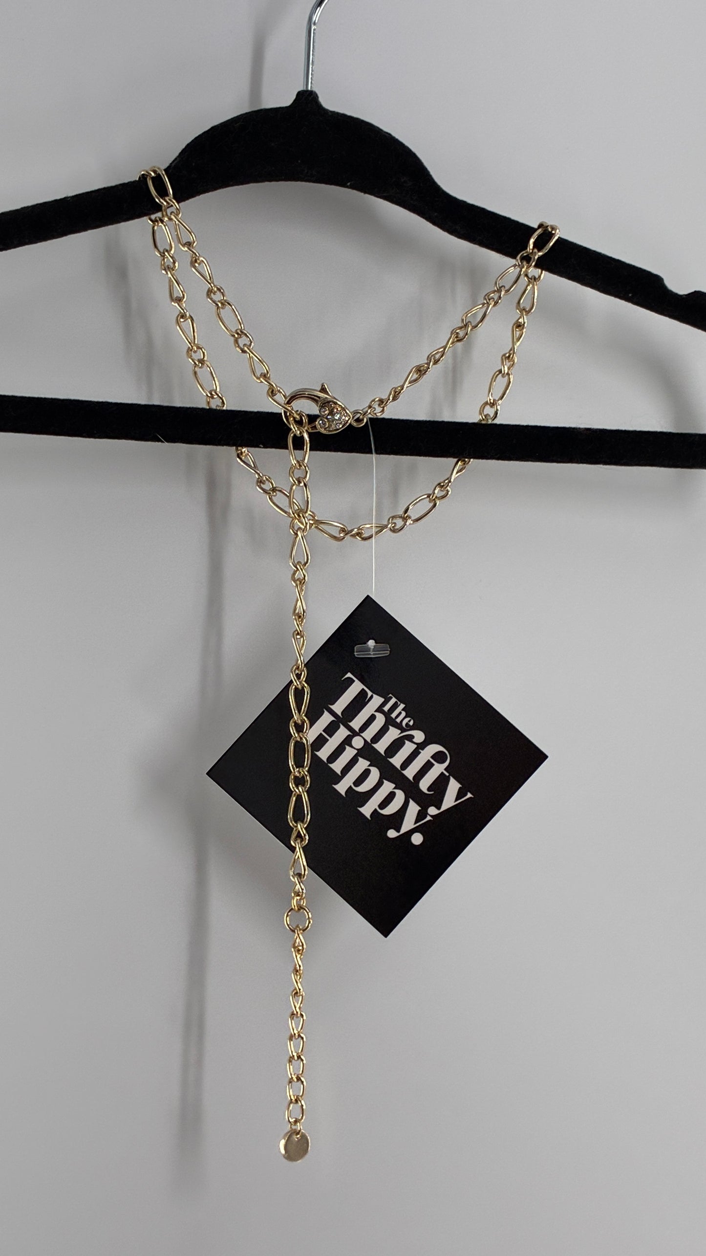 Gold Chain Link Adjustable Necklace with Heart Rhinestone Clasp