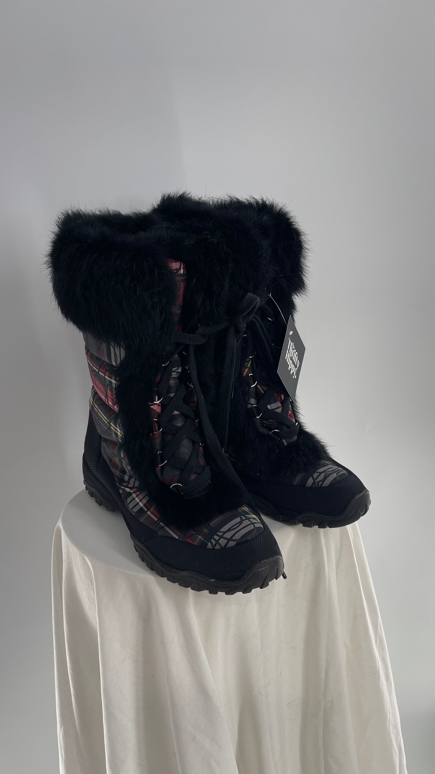 Vintage COACH Jennie Plaid Quilted Logo Patterned Boots with Rabbit Fur Trim (9)