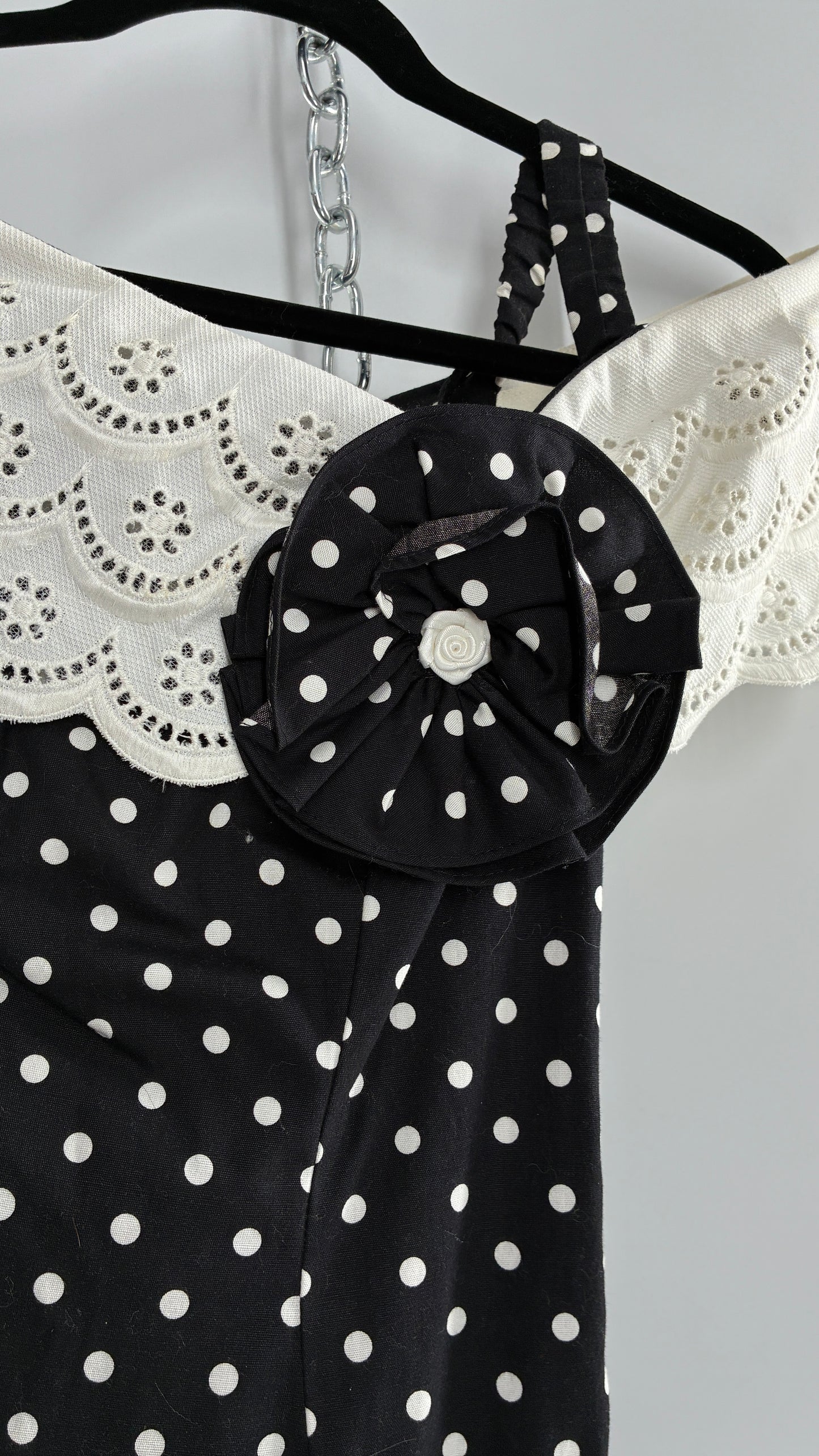 Vintage Handmade Black and White Polka Dot Pointed Waistline Gown with Off the Shoulder Stiff Lace Straps and Rosette Detail (8)