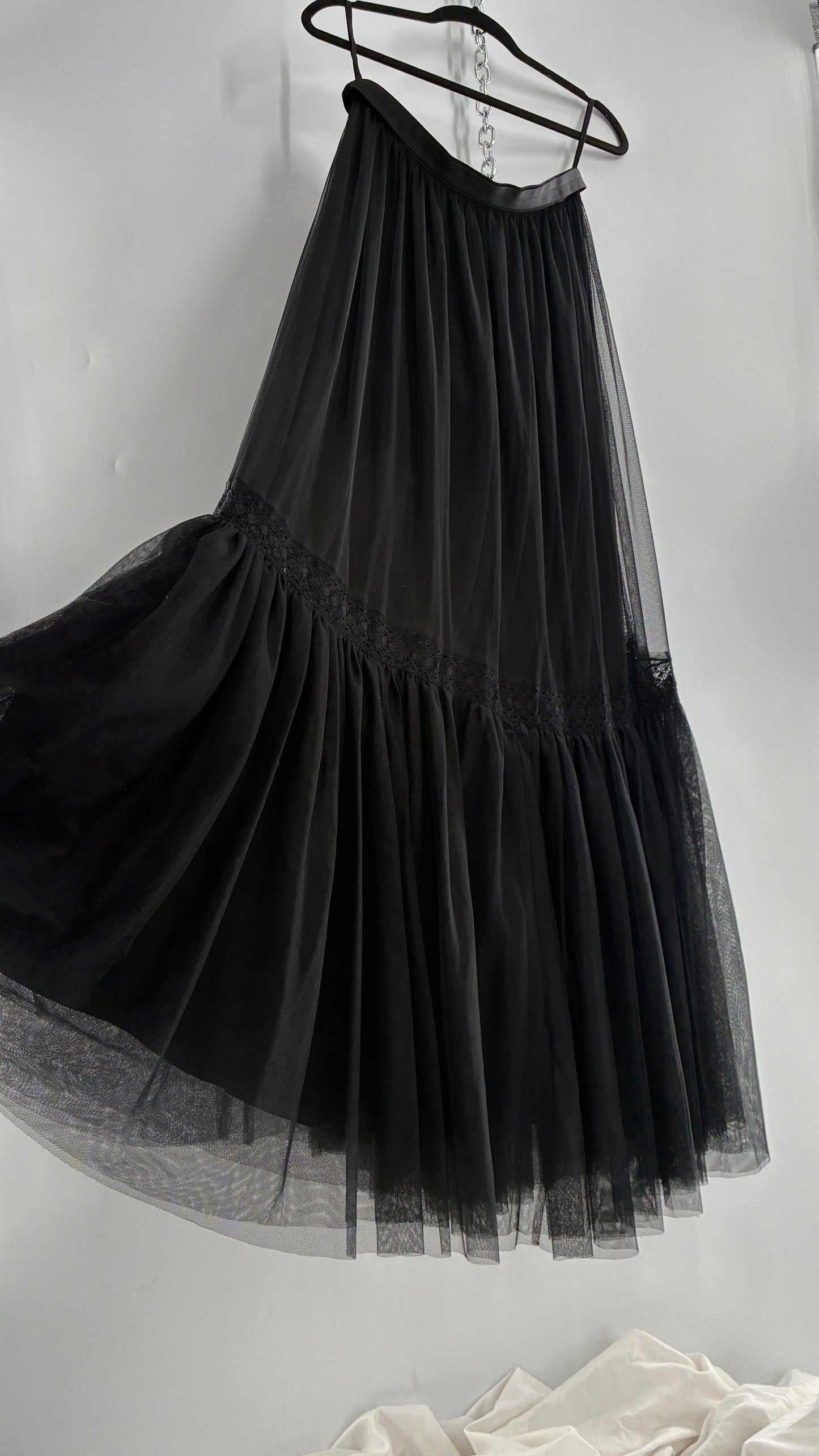 Needle & Thread Voluminous Black Multi Layer Mesh Full Length Skirt with Ribbon Waistline with Tags Attached (10)
