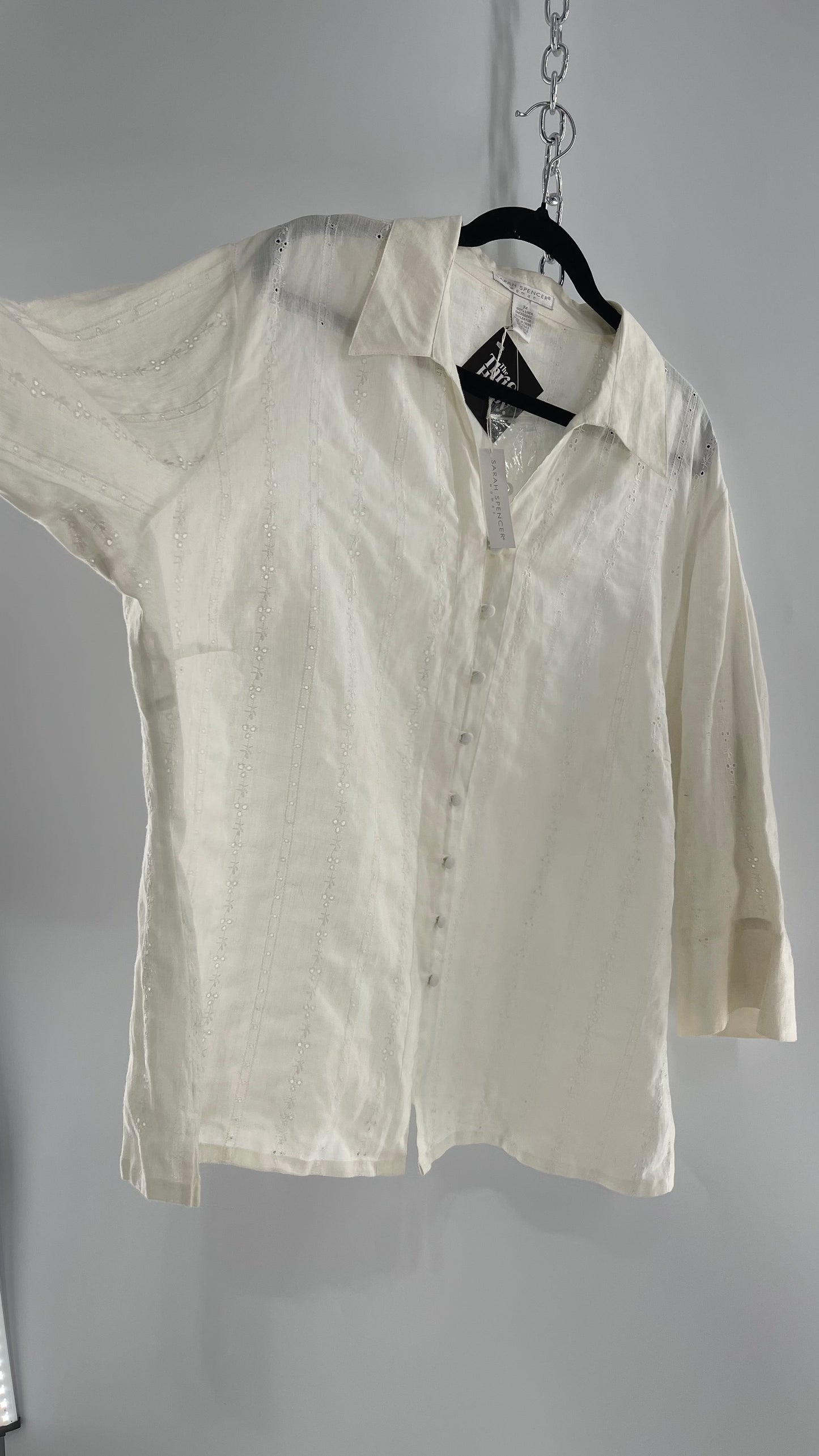 Sarah Spencer Off White 100% Embroidered Linen Blouse with Tags Attached (3X)