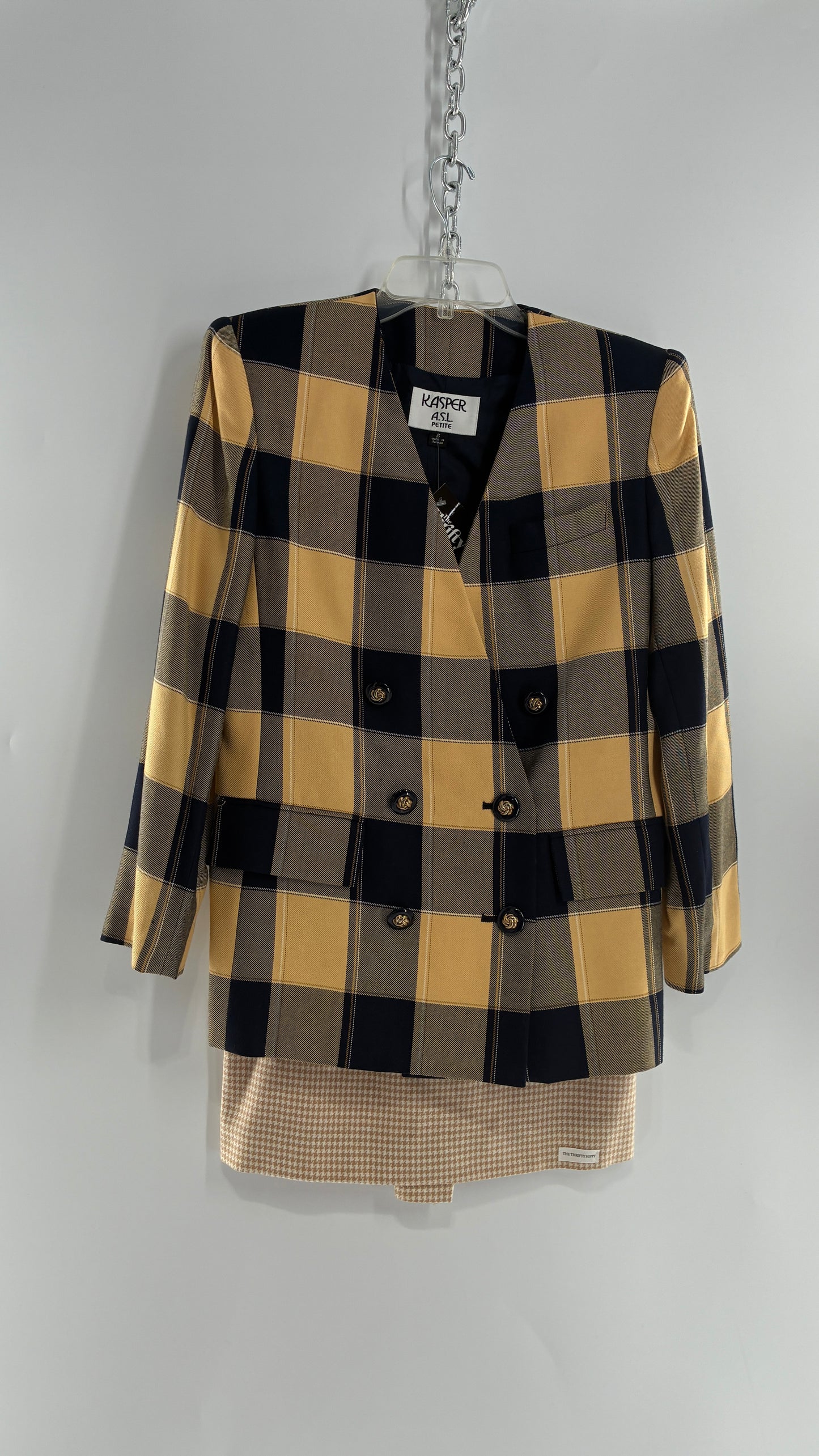 Vintage Suit Set with Yellow Plaid Double Breasted KASPER A.S.L Blazer and Upcycled Wool Mini Skirt (6)