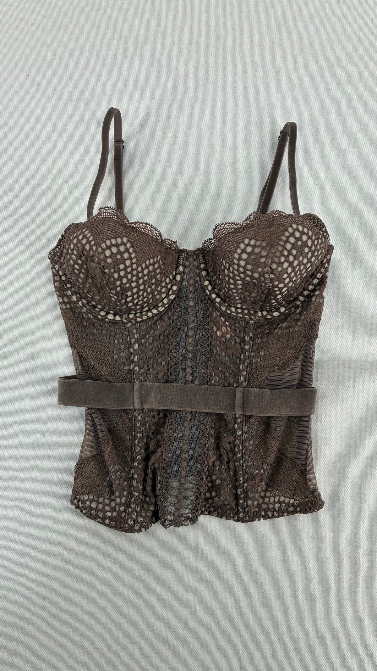 Vintage VICTORIA’S SECRET Taupe Lace Corset with Velour Belting and Tags Attached (32C)