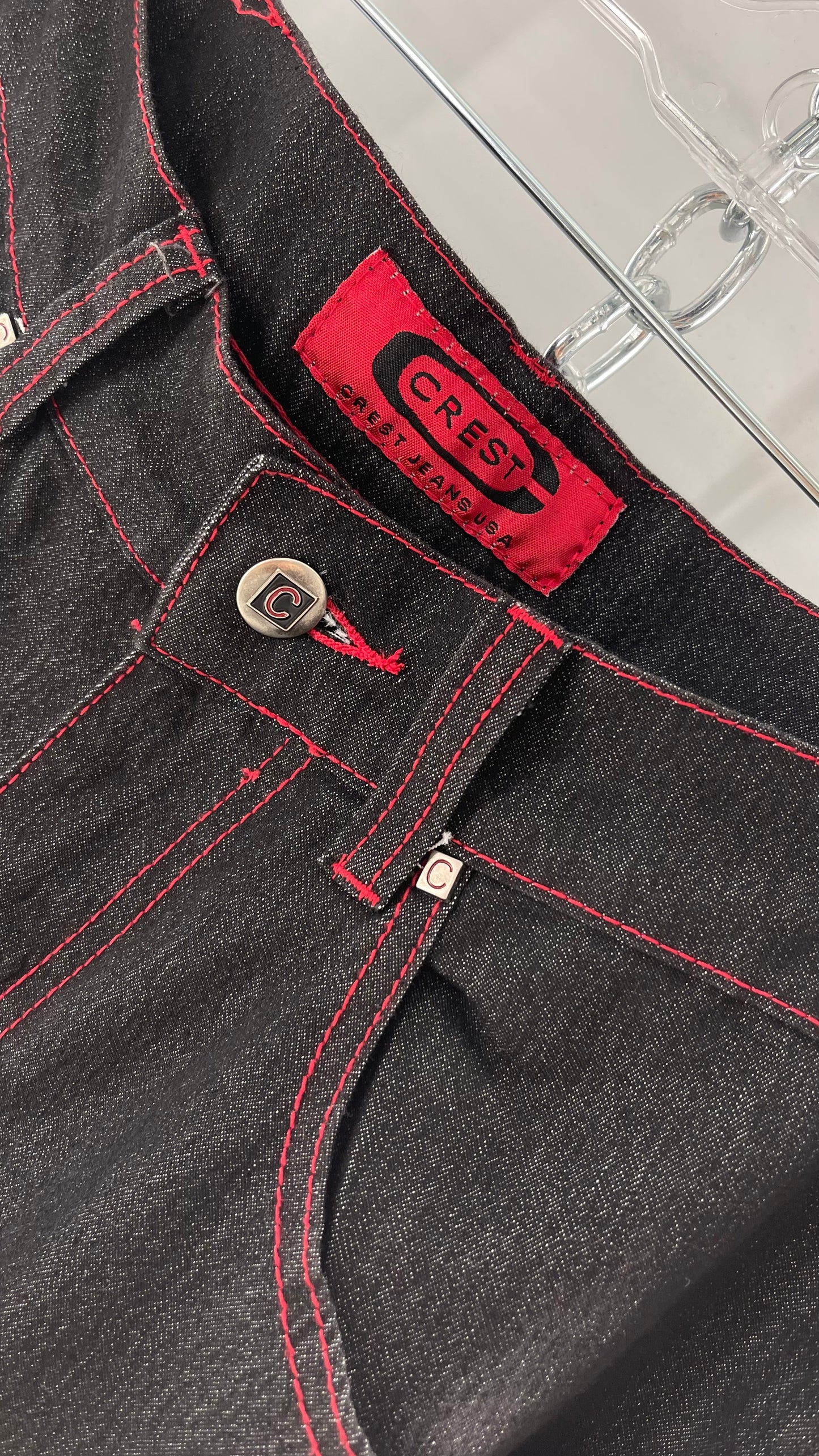 Rare Vintage Black Crest Jeans with Red Contrast Stitching and Butterfly Embroidery on Thigh and Back Pockets (14)