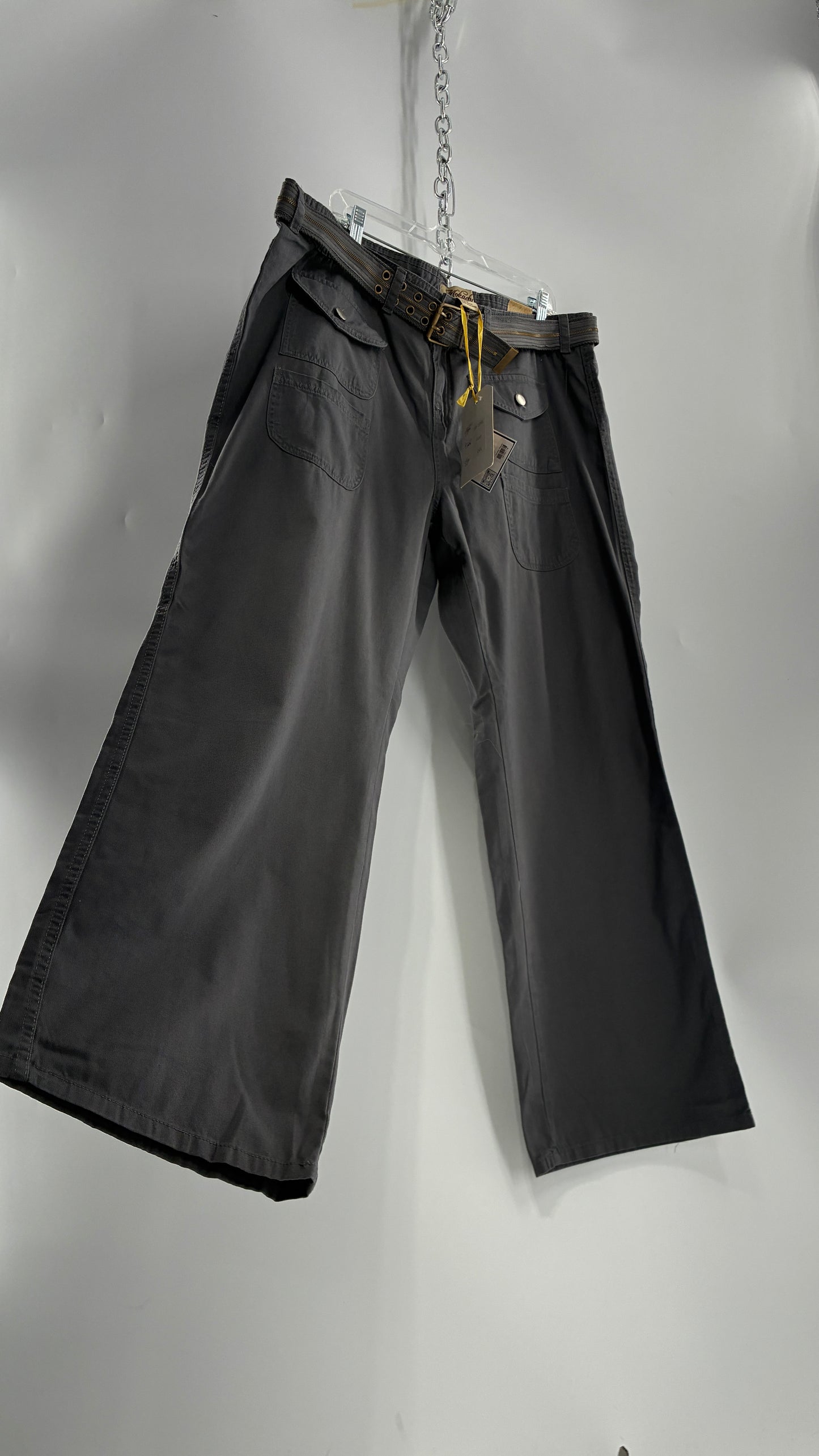 Deadstock Vintage MOKACHINO Grey Low Rise Kick Flares with Zipper Belt and Hip Pockets (18X)