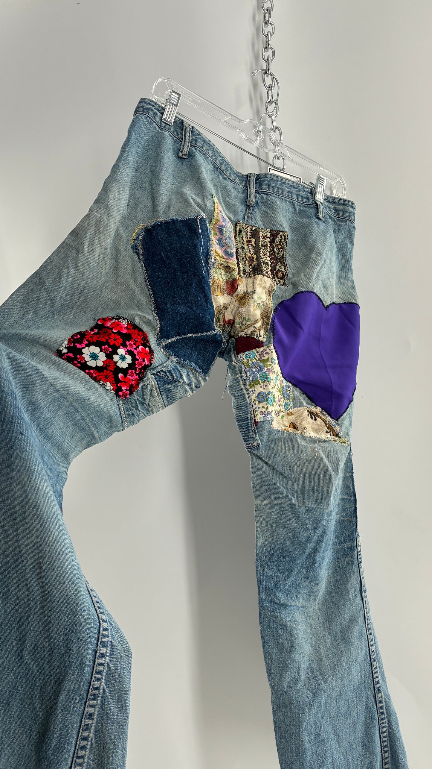 Vintage Rare 1970s Light Wash, Low Rise Boot Cut Jeans with Hand Stitched Tapestry Style Patches and Purple Heart on Bum (Measurements Below)