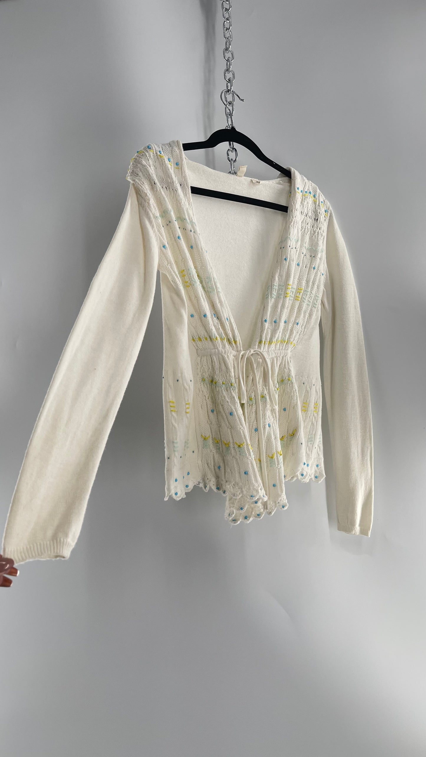 MOTH Anthropologie Beige Knit Tie Bust Sweater with Embroidered Daisies and Delicate Beading (Small)