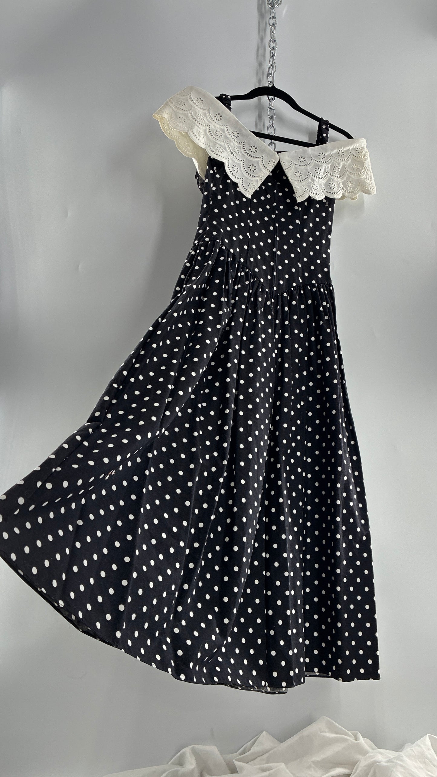 Vintage Handmade Black and White Polka Dot Pointed Waistline Gown with Off the Shoulder Stiff Lace Straps and Rosette Detail (8)