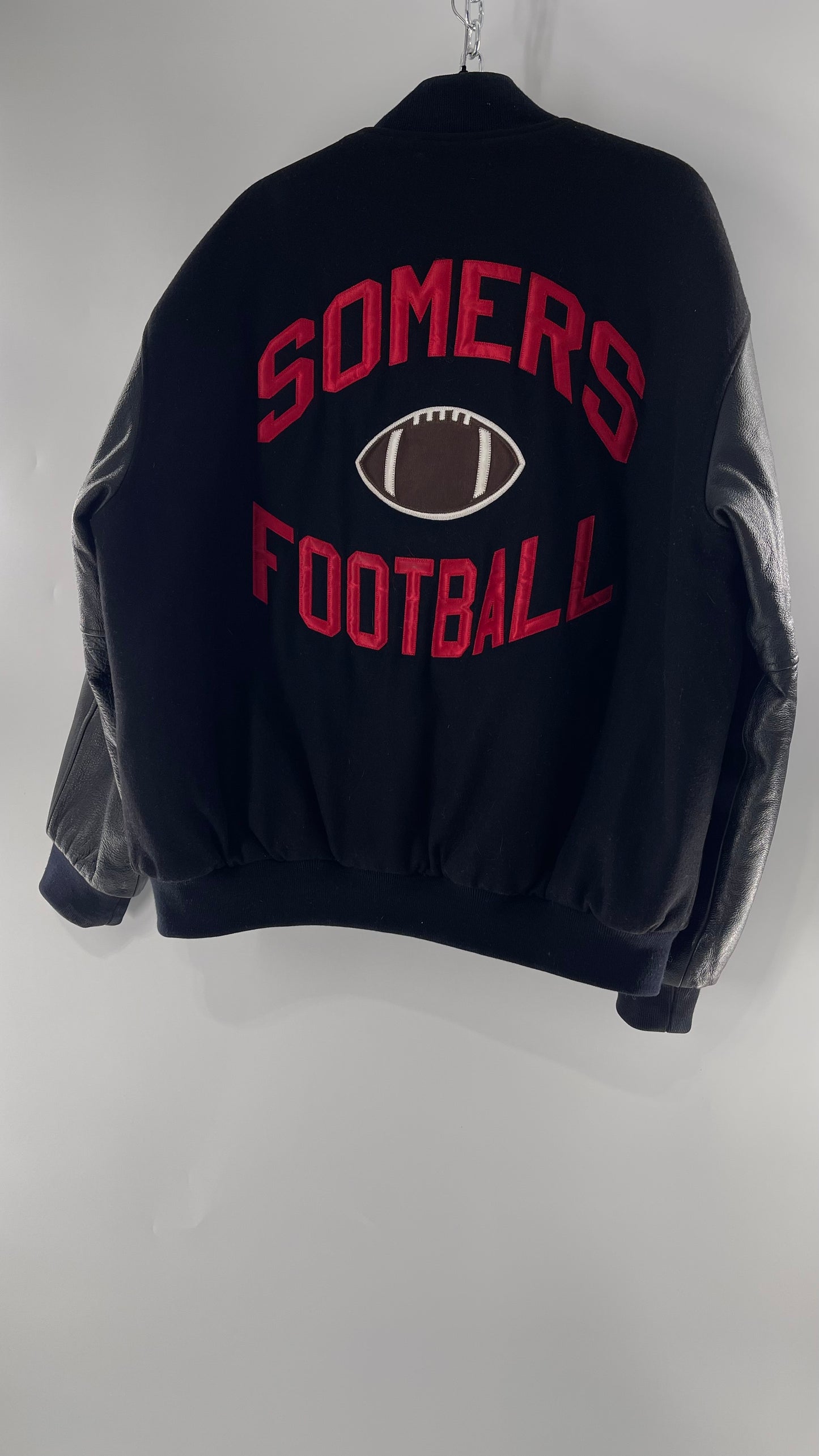 Vintage Somers Football Varsity Jacket with Leather Sleeves “Matt” Embroidery and Red Lettering (XL)