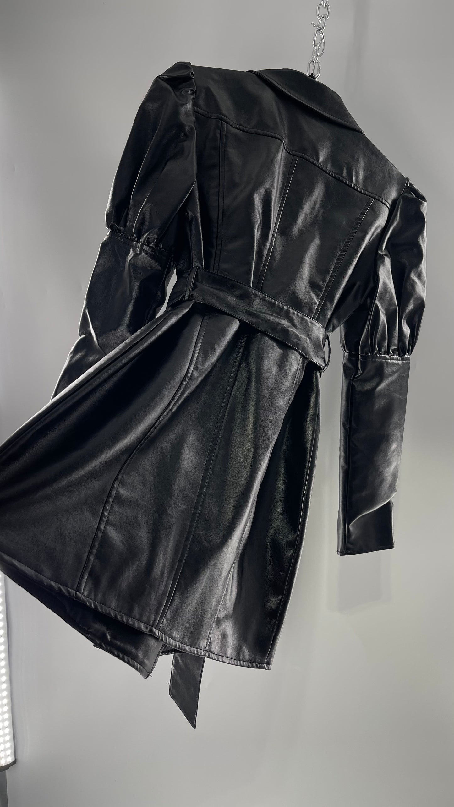 NASTYGAL Black Patent Pleather Puff Shoulder Belted Trench Coat (C)(6)