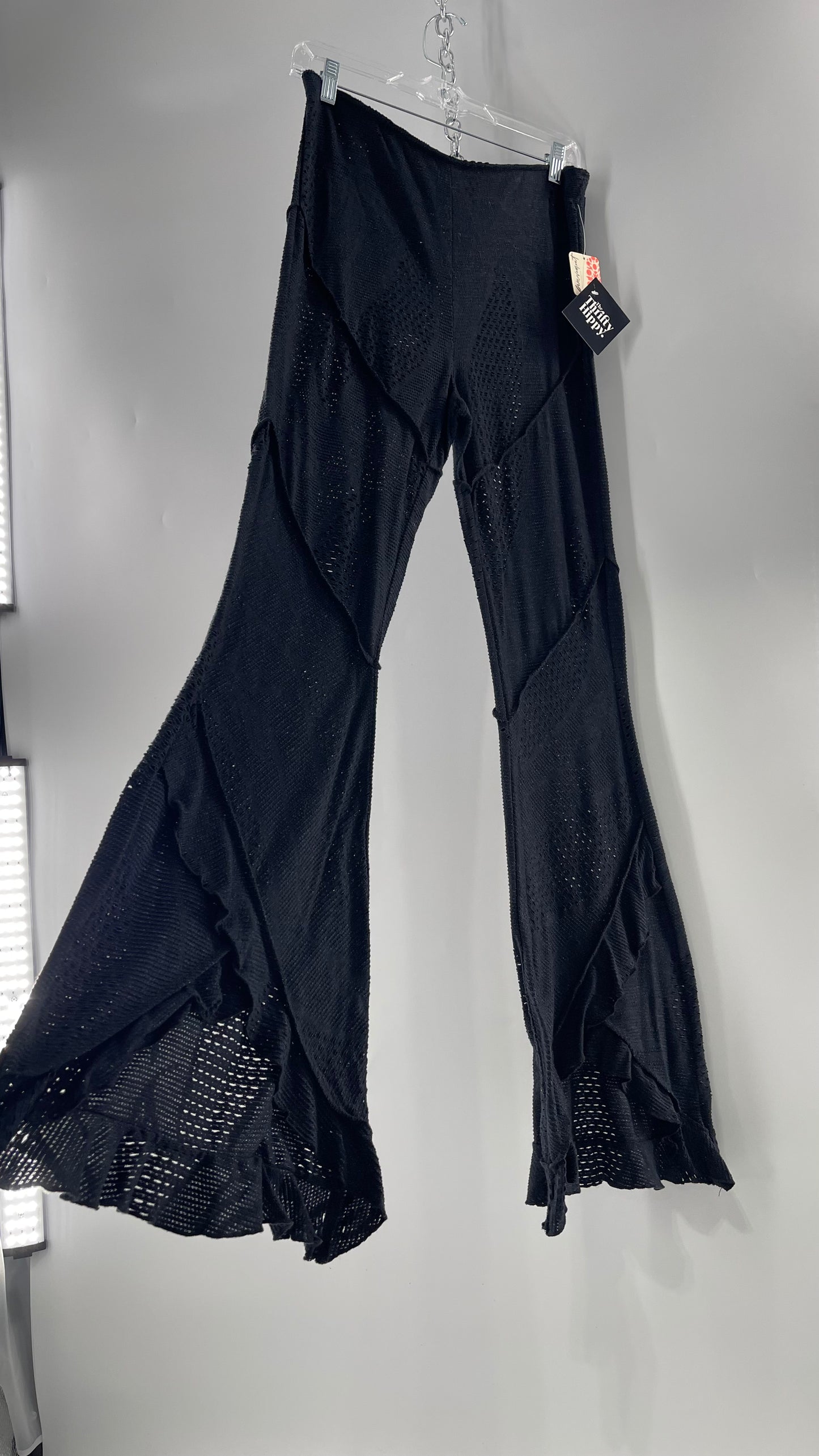 Free People Black Midnight Grey Mixed Pattern Kickflares with High Low Hem, Exposed Seams and Distressing Tags Attached (Medium)