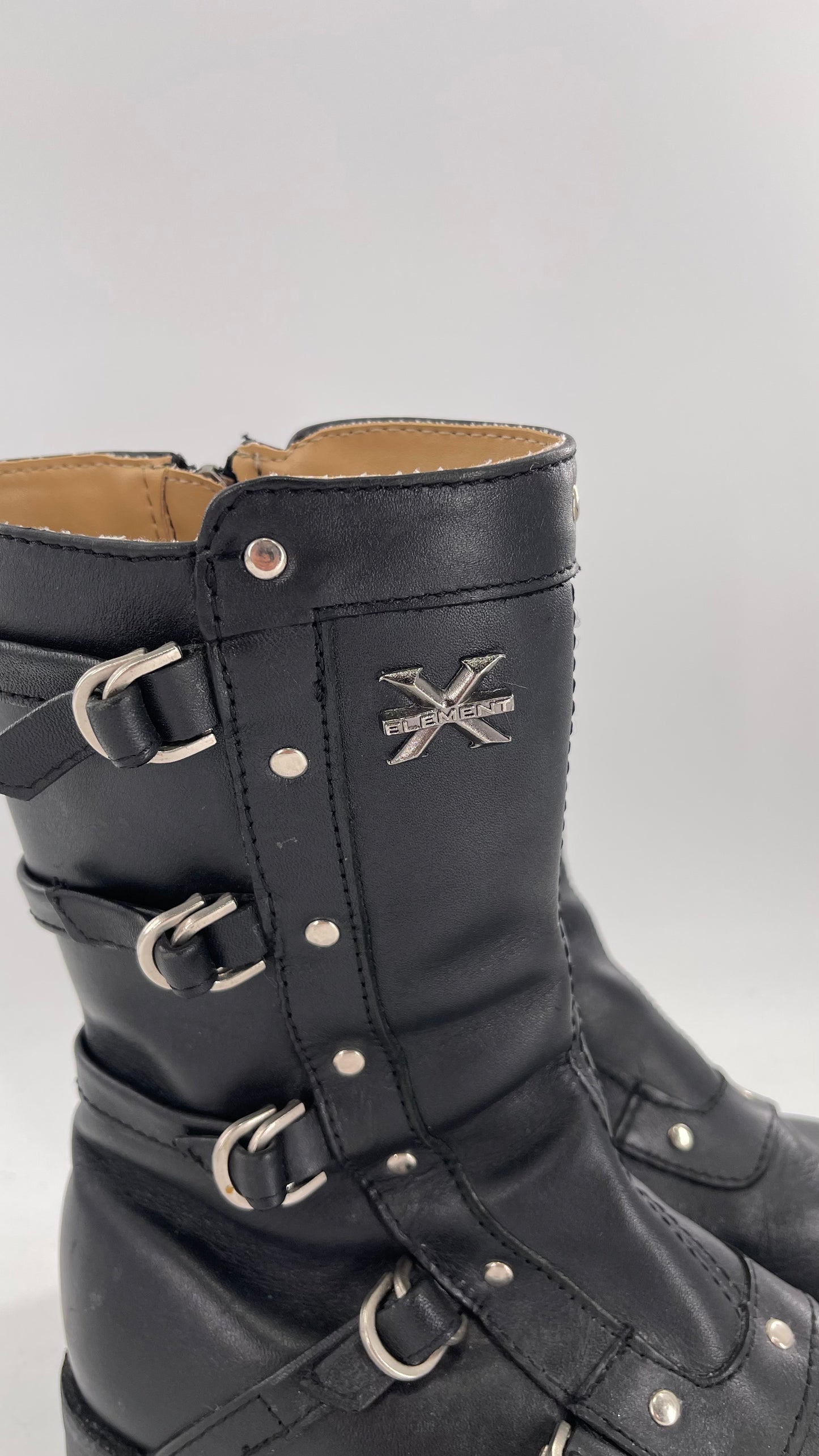 Vintage 1990s XELEMENT Buckle Side Genuine Leather Steam Punk Boots (Women’s 8.5)