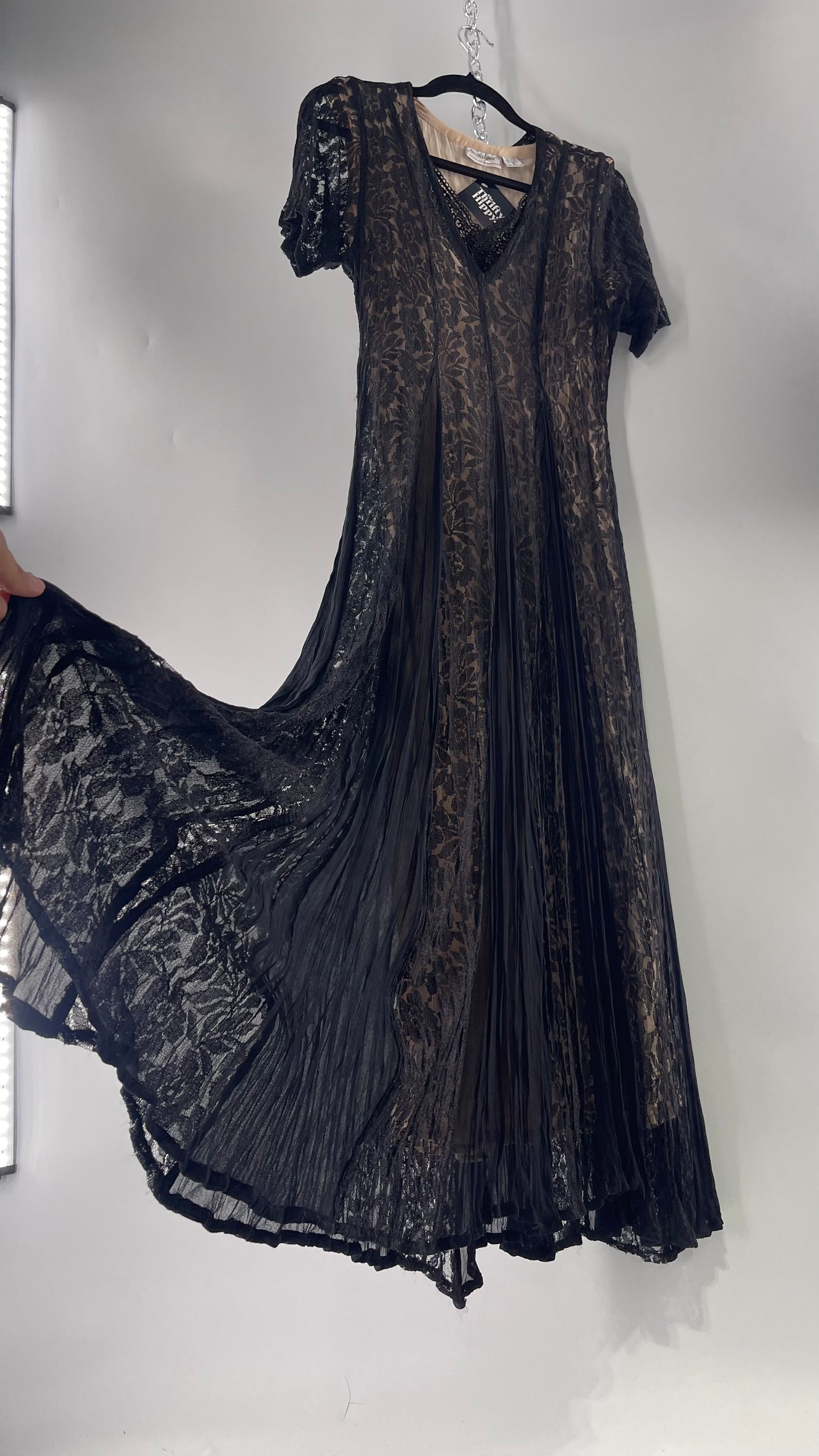 Nostalgia Vintage Black Lace Gown with Pleated Vents and Beige Underlay (Small)