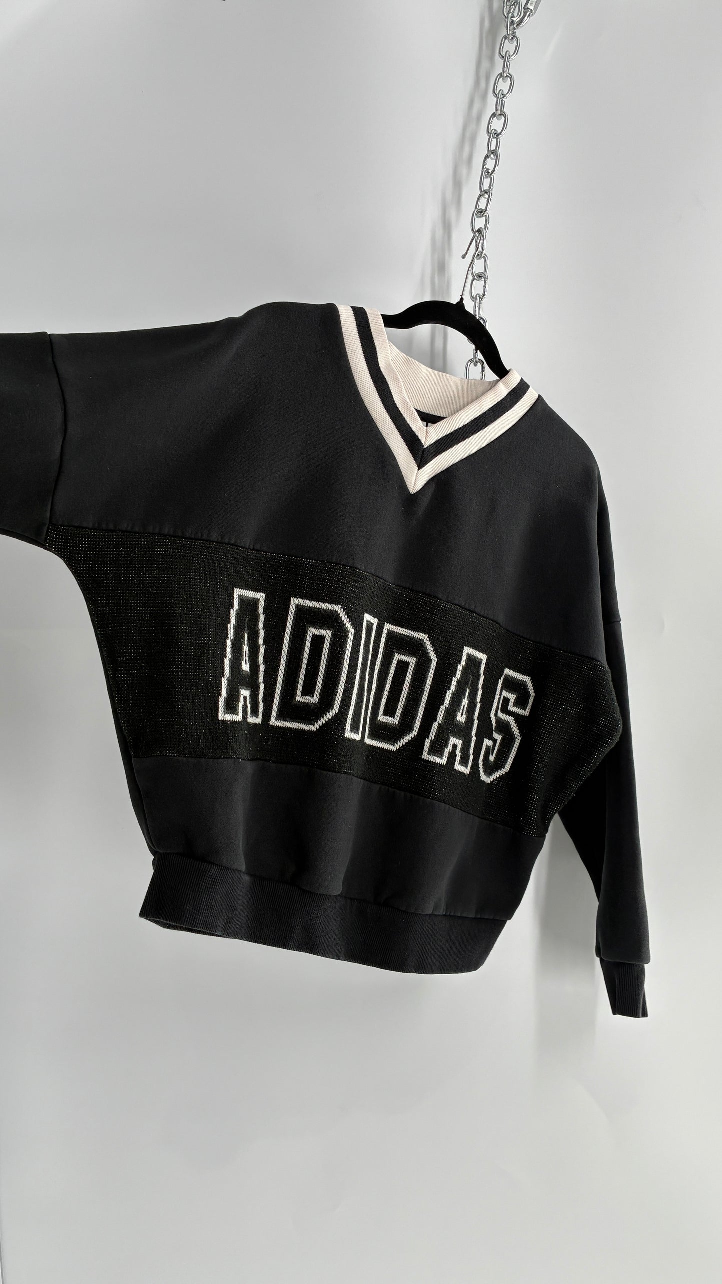 Vintage ADIDAS Black and White Varsity Crew Neck (Small)
