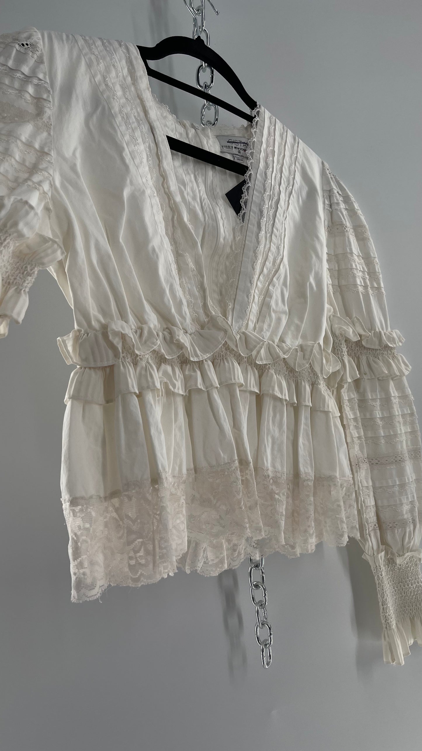 CISTAR NEW YORK White Balloon Sleeve Blouse Adorned in Delicate Ruffled and Lace (Medium)
