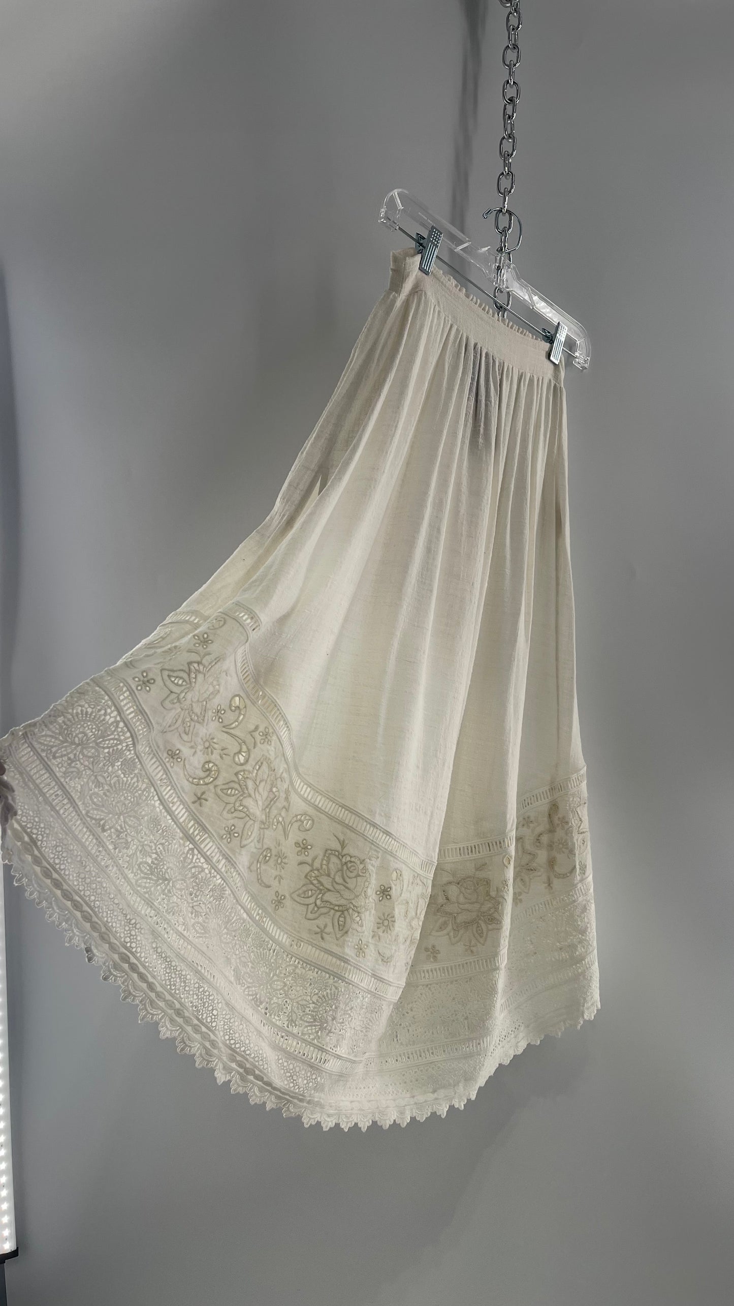 Spell & the Gypsy Full Length Cotton Gauze White Skirt with Tie Sides and Heavily Embroidered Hem (XS)