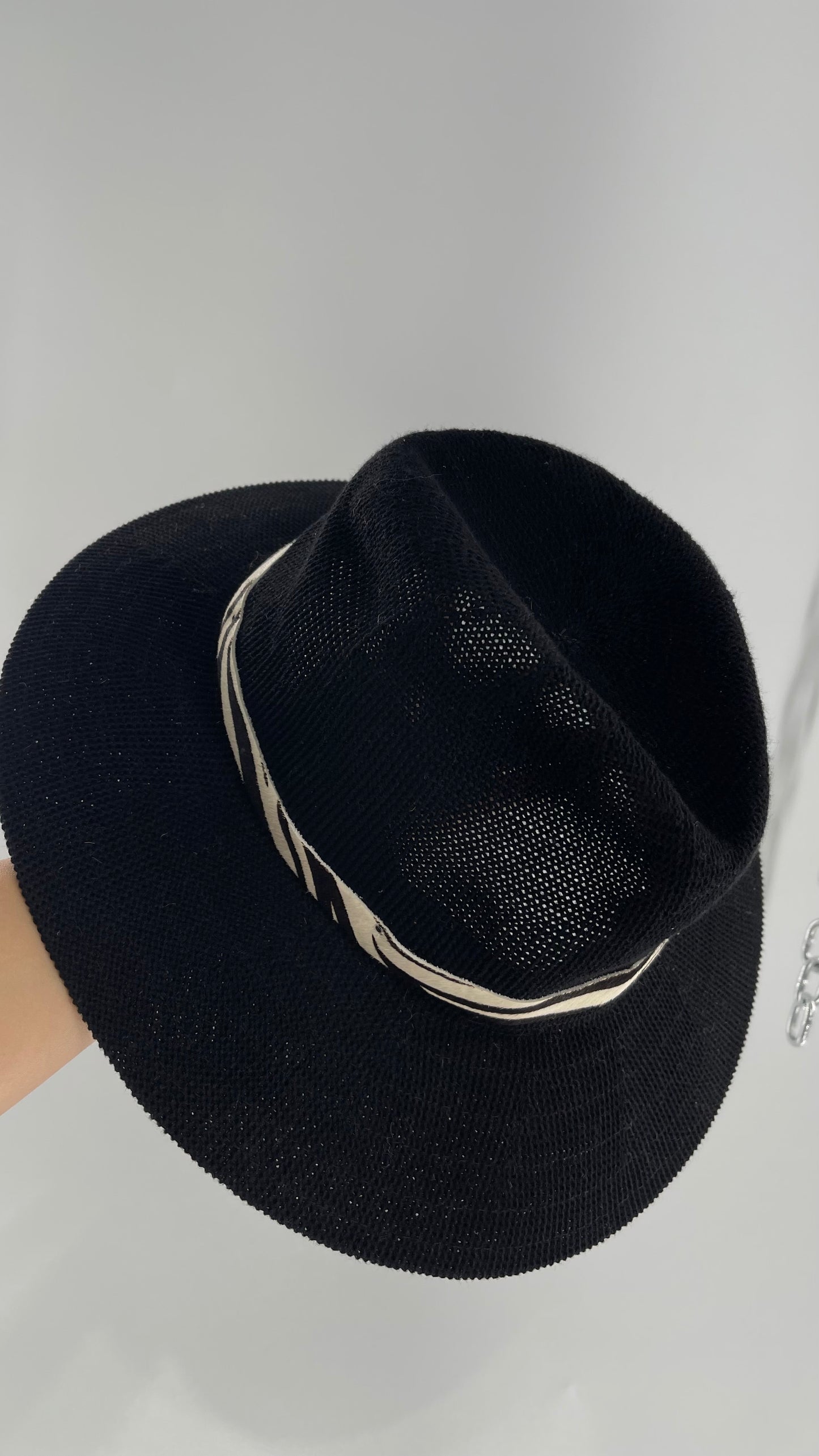 Free People Black 55% Cotton Woven Sun Hat with Textured Fur Belt