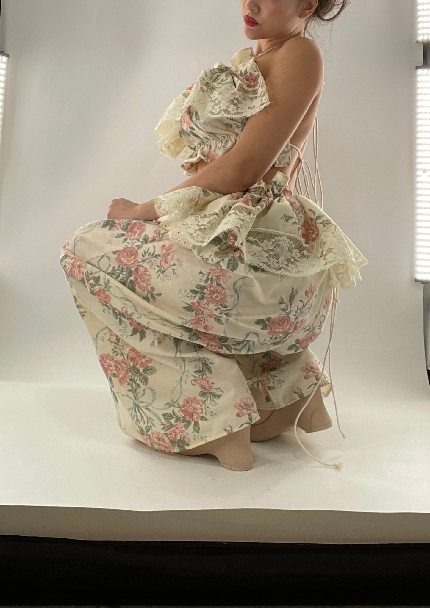 Vintage Set Covered in Delicate Dainty Florals, Bows and Lace (One Size, Adjustable)