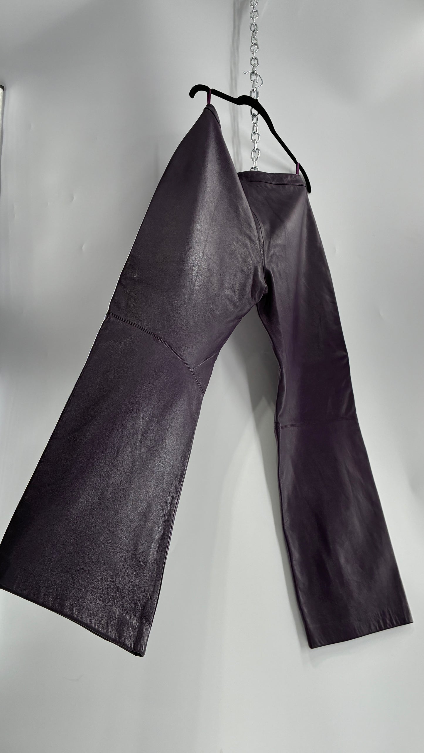 Vintage SHIN CHOI Genuine Italian Leather Purple Side Closure Low Rise Pants (12)