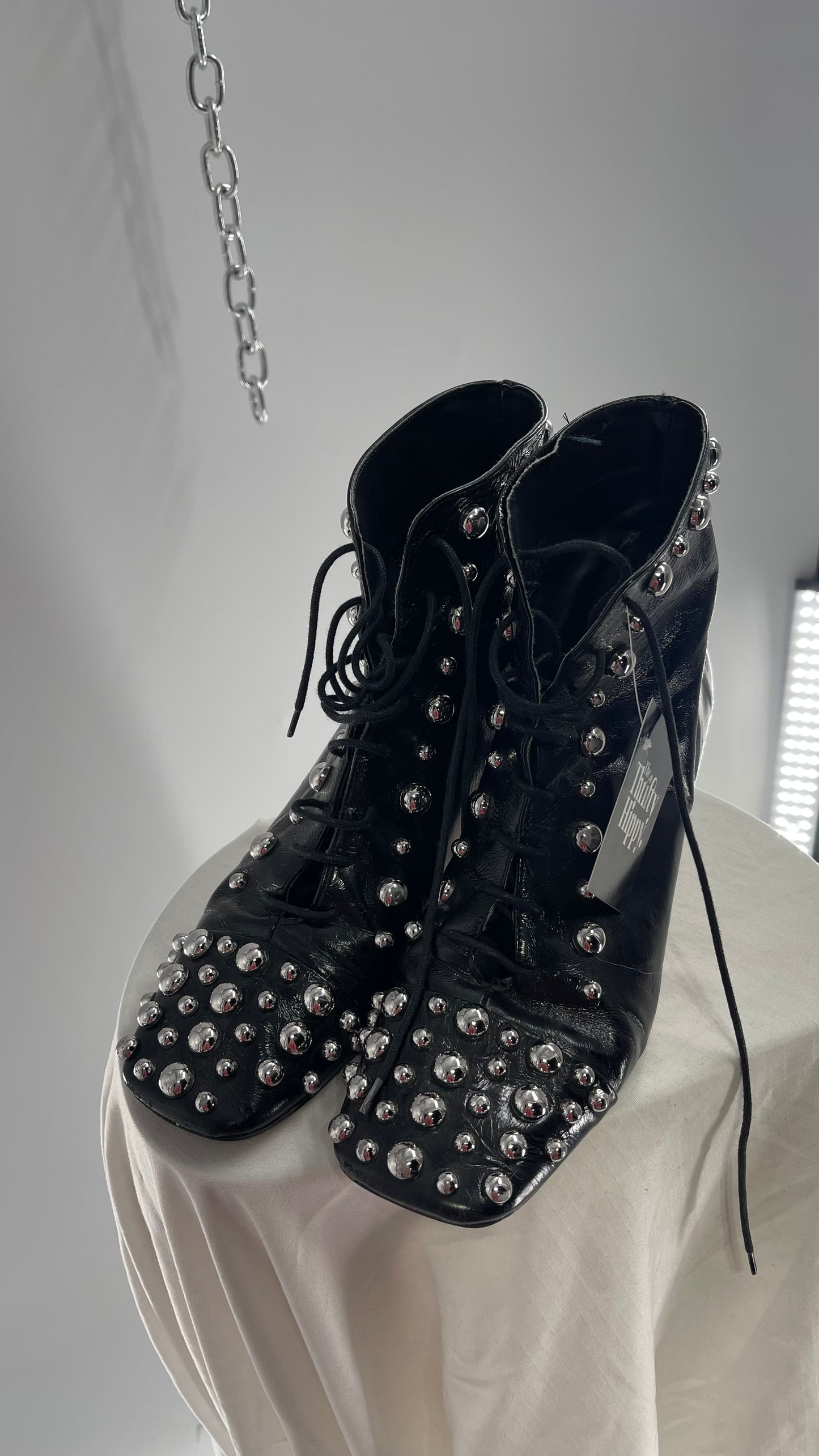 ZARA COLLECTION Worn Dramatic Studded Heeled Combat Boots (40)