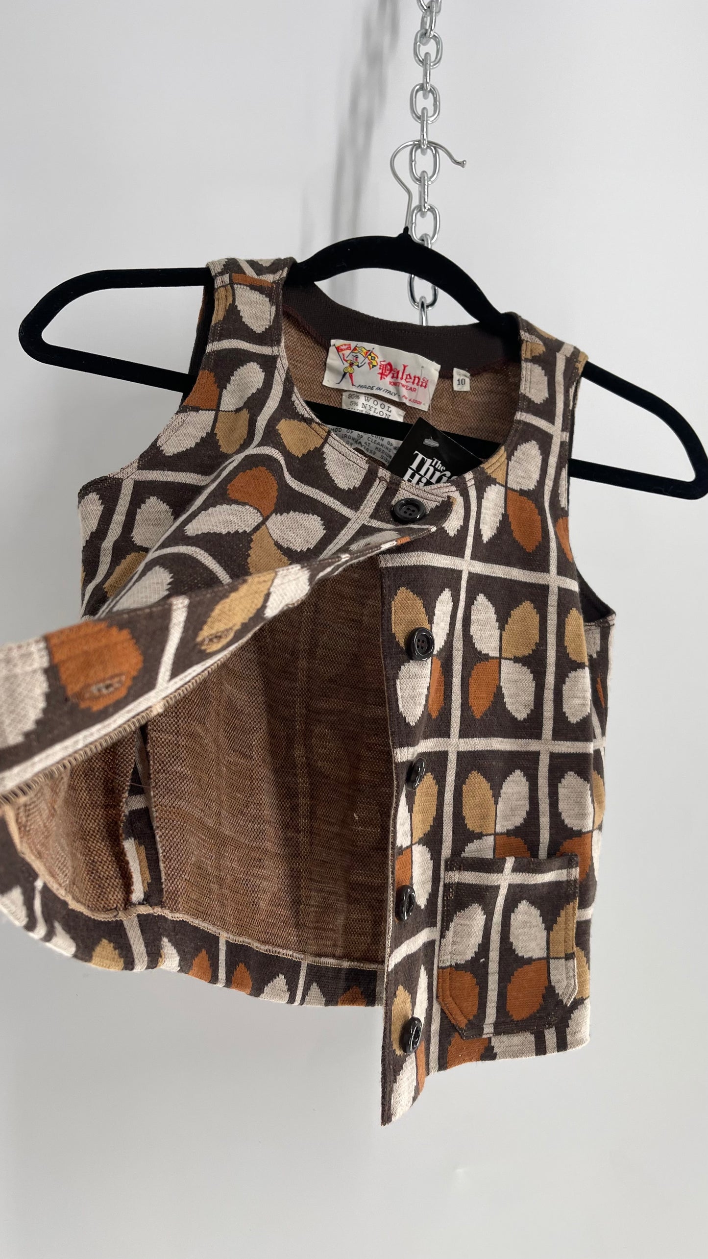 Vintage 1970s Palena Knitwear Brown, 95% Wool Cropped Button Front Pocketed Vest Top (Small)
