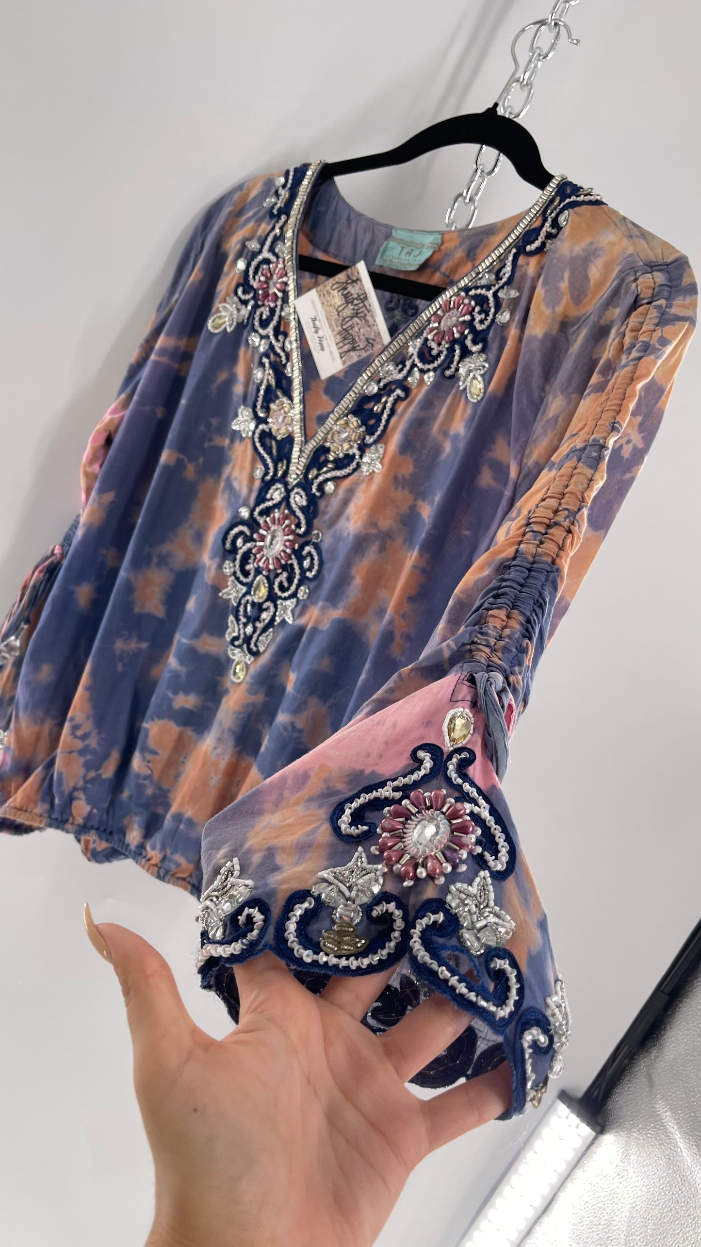 TAJ by Sabrina Crippa Tie Dye Blouse with Gemstone Encrusted Neckline and Ruched Beaded Sleeves (S/M)