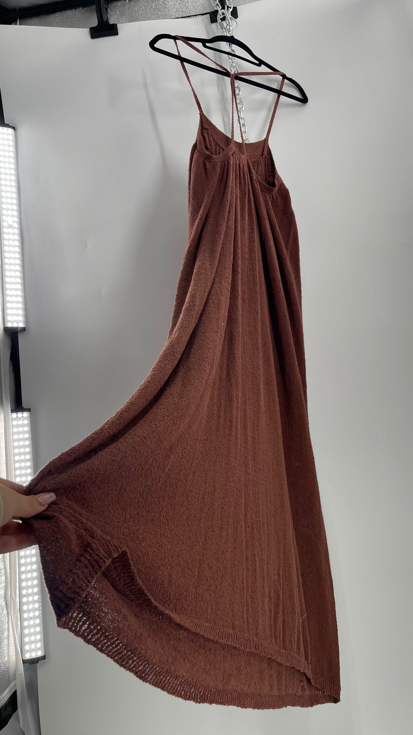 Free People Slinky Textured Brown Knit Full Length Dress (Small)