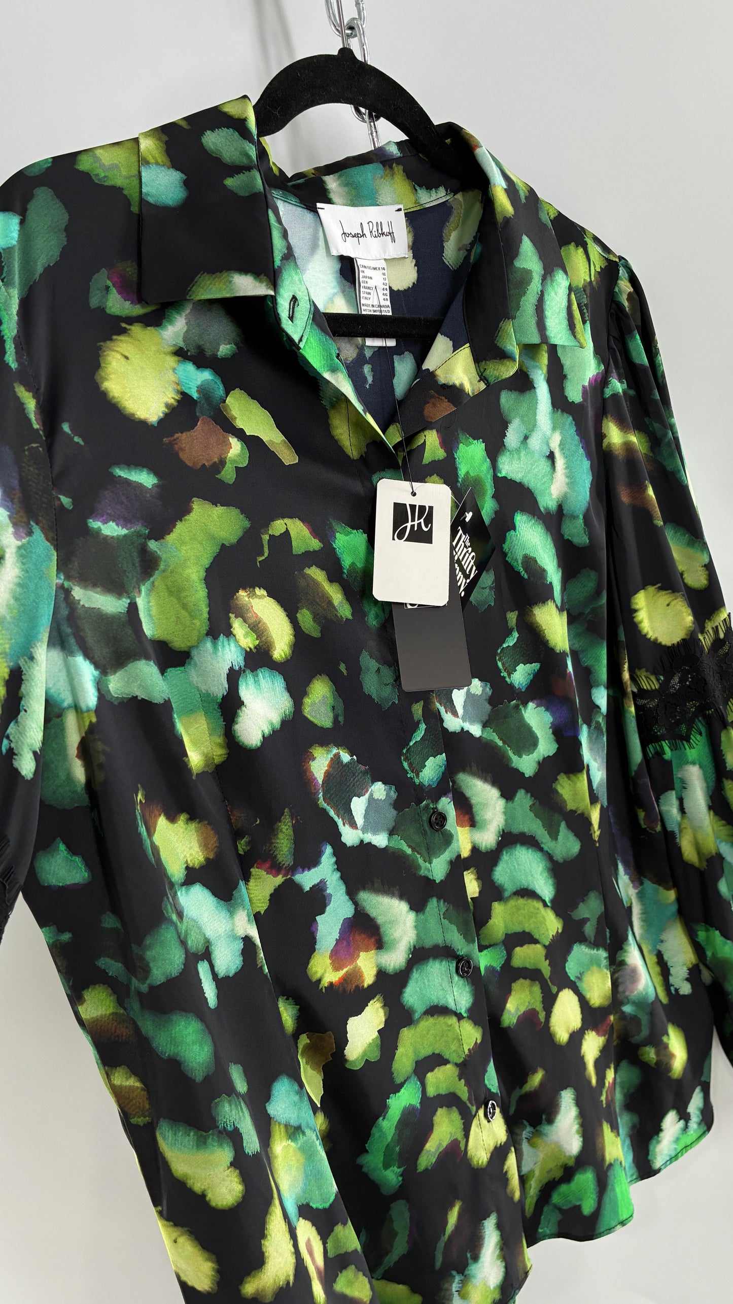 JOSEPH RIBKOFF Green Graphic Balloon Sleeve Blouse with Tags Attached (14)