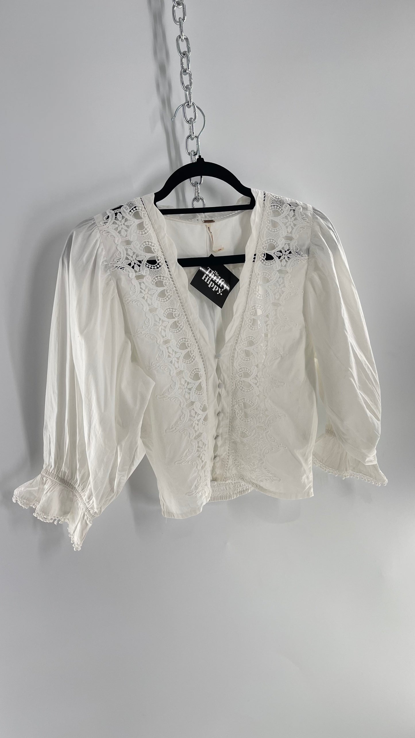 Free People White Puff Sleeve Prairie Blouse with Lace Details (Small)