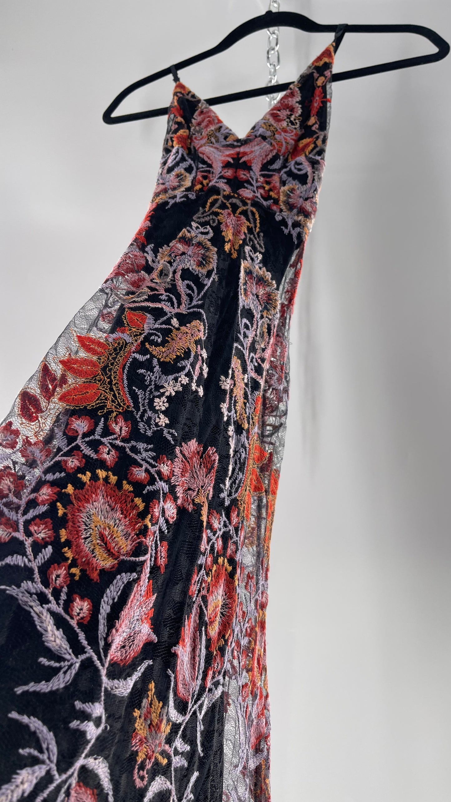 Free People Black Fall Toned Floral Embroidered Tule Sleeveless Maxi Dress (2)