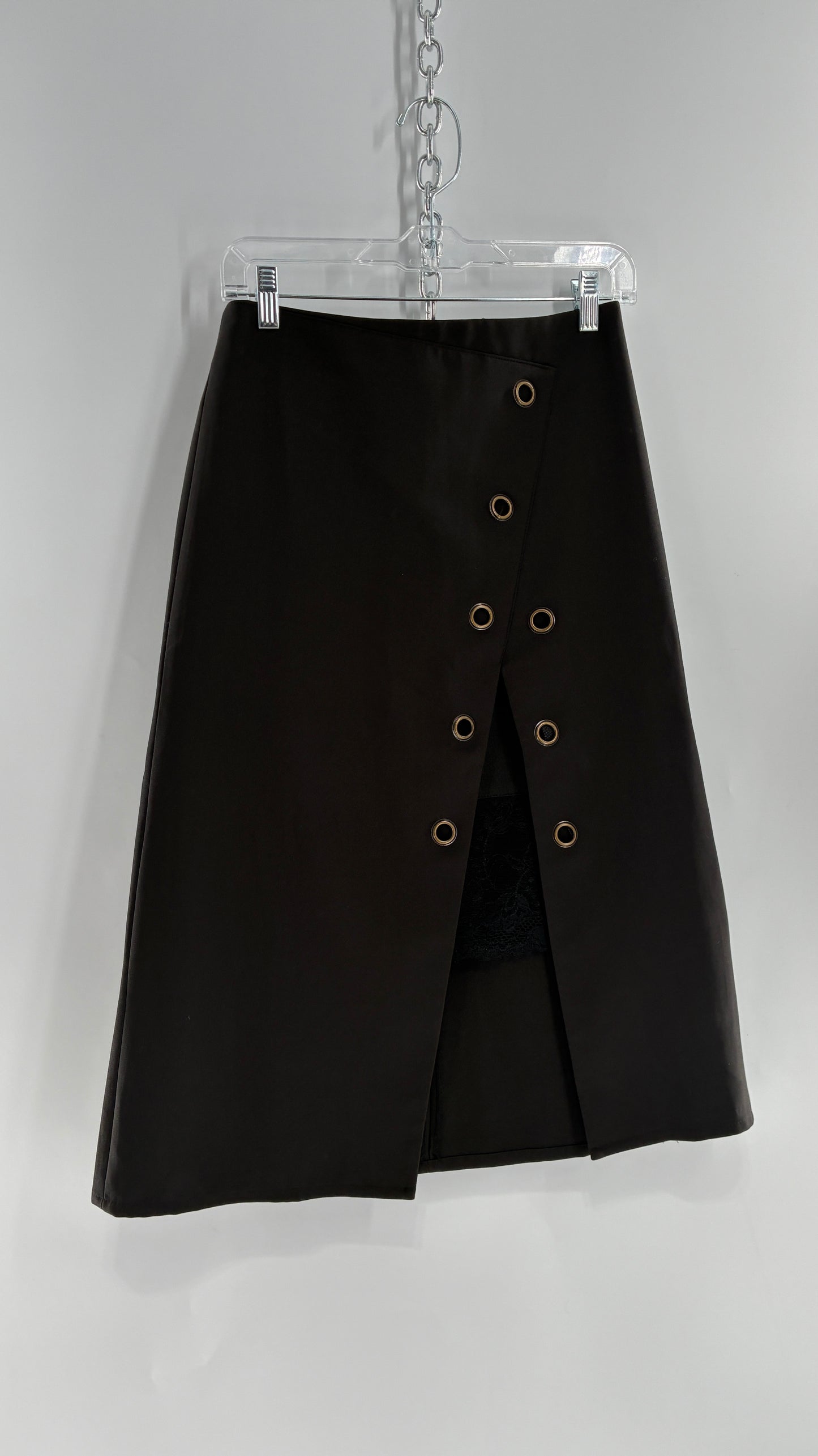 Vintage BYSI Black Skirt with Asymmetric Slit, Bronze Grommets and Lace Thigh Detail (EU36,UK8)