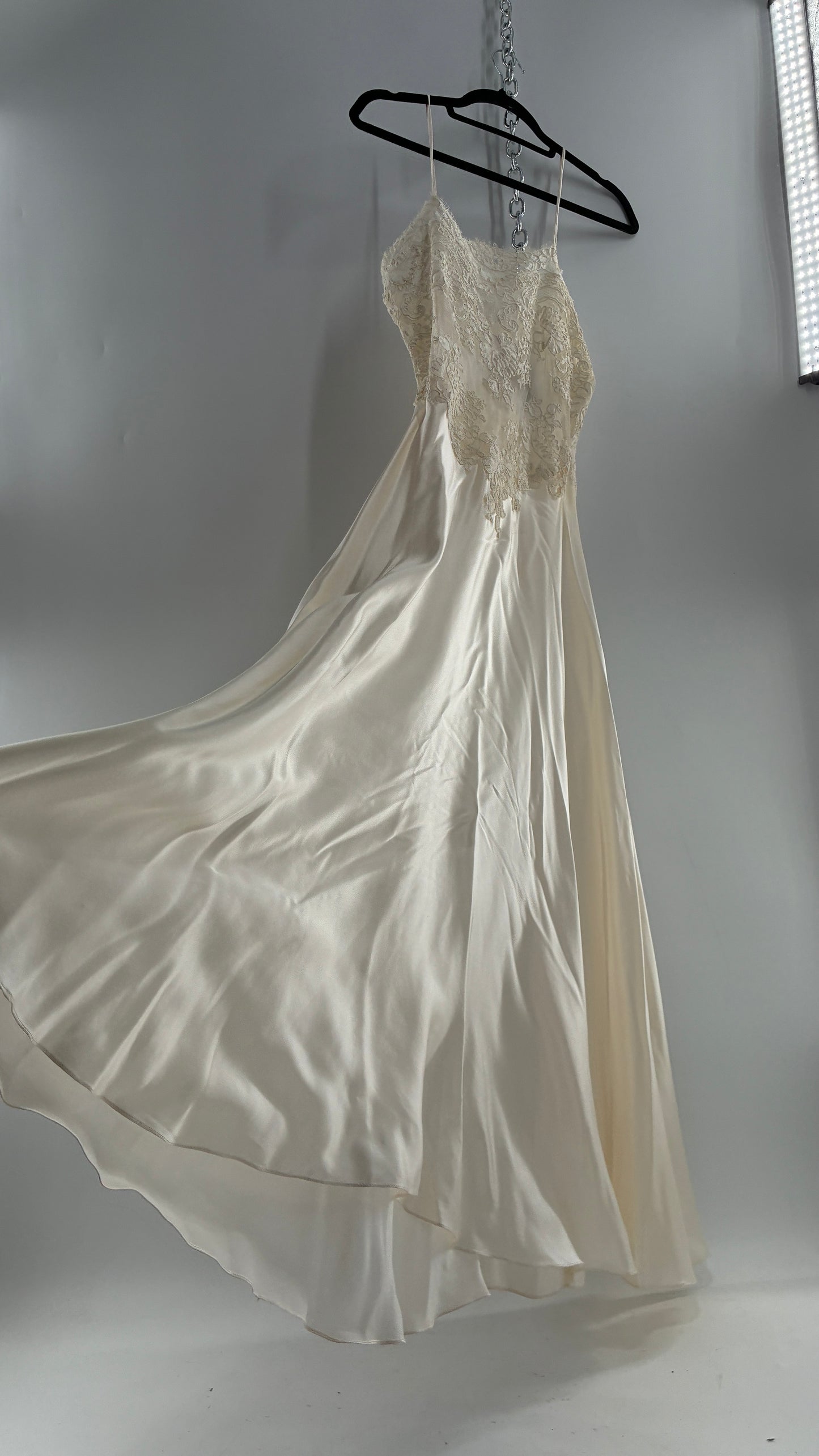 Vintage JONQUIL 100% Silk Gown with Heavy Lace Appliqués and Low Cut Sheer Back (Medium)