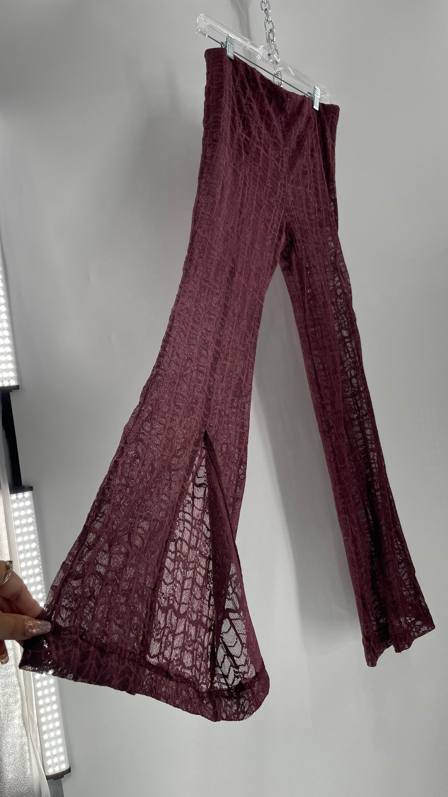 Free People Plum Lace Flares with Vented Hem and Sewn in Shorts Tags Attached (Medium)