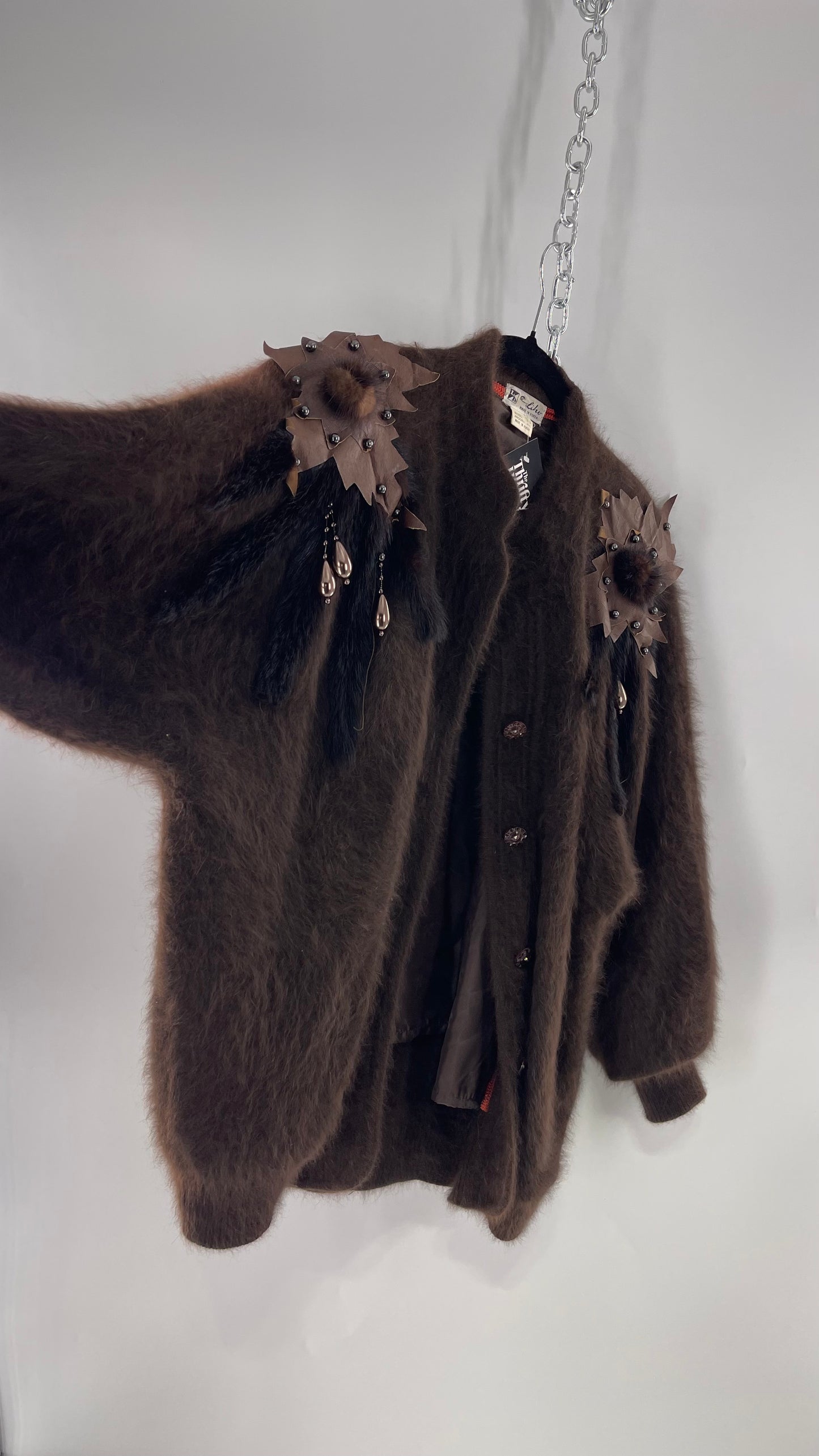 Liho Korean Vintage Brown Cardigan with Leather, Fur and Beaded Detailing 15% Wool 75% Angora  (C)(Medium)