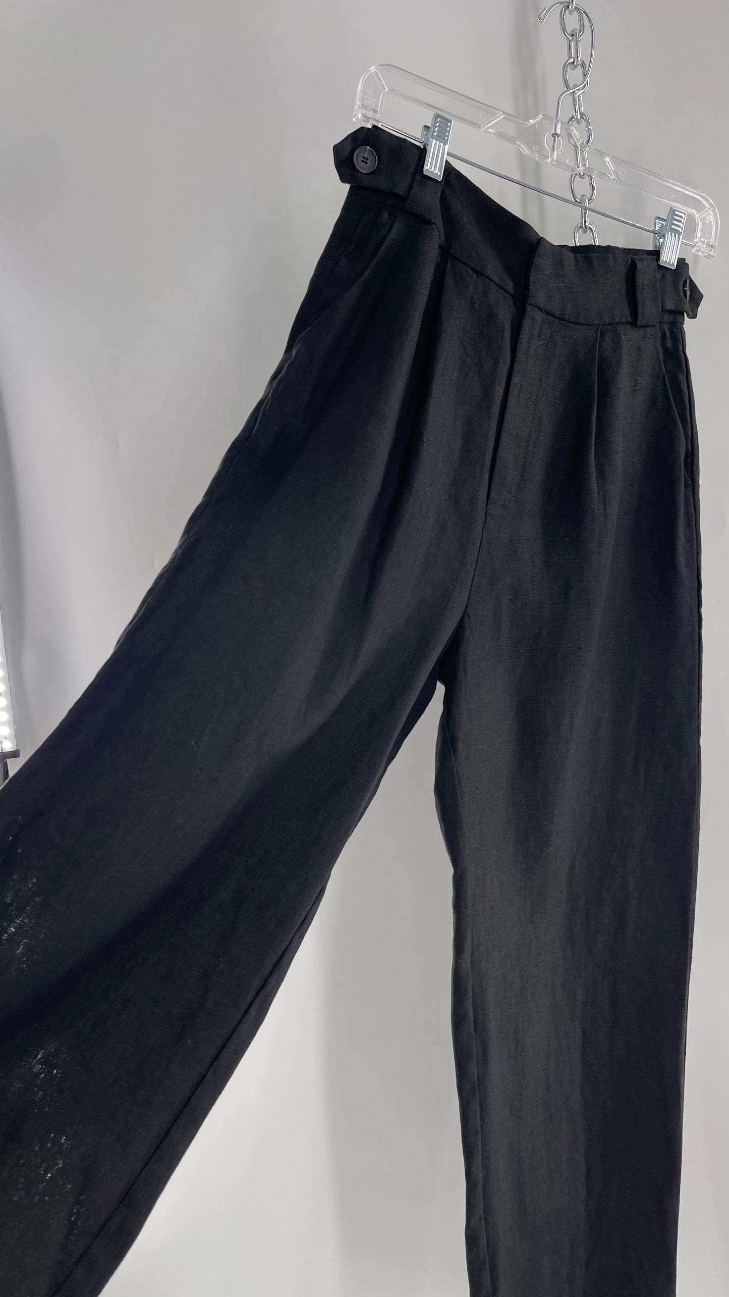 Thrills Black Thick Linen Trouser with Side Buttons and Pleating (4)