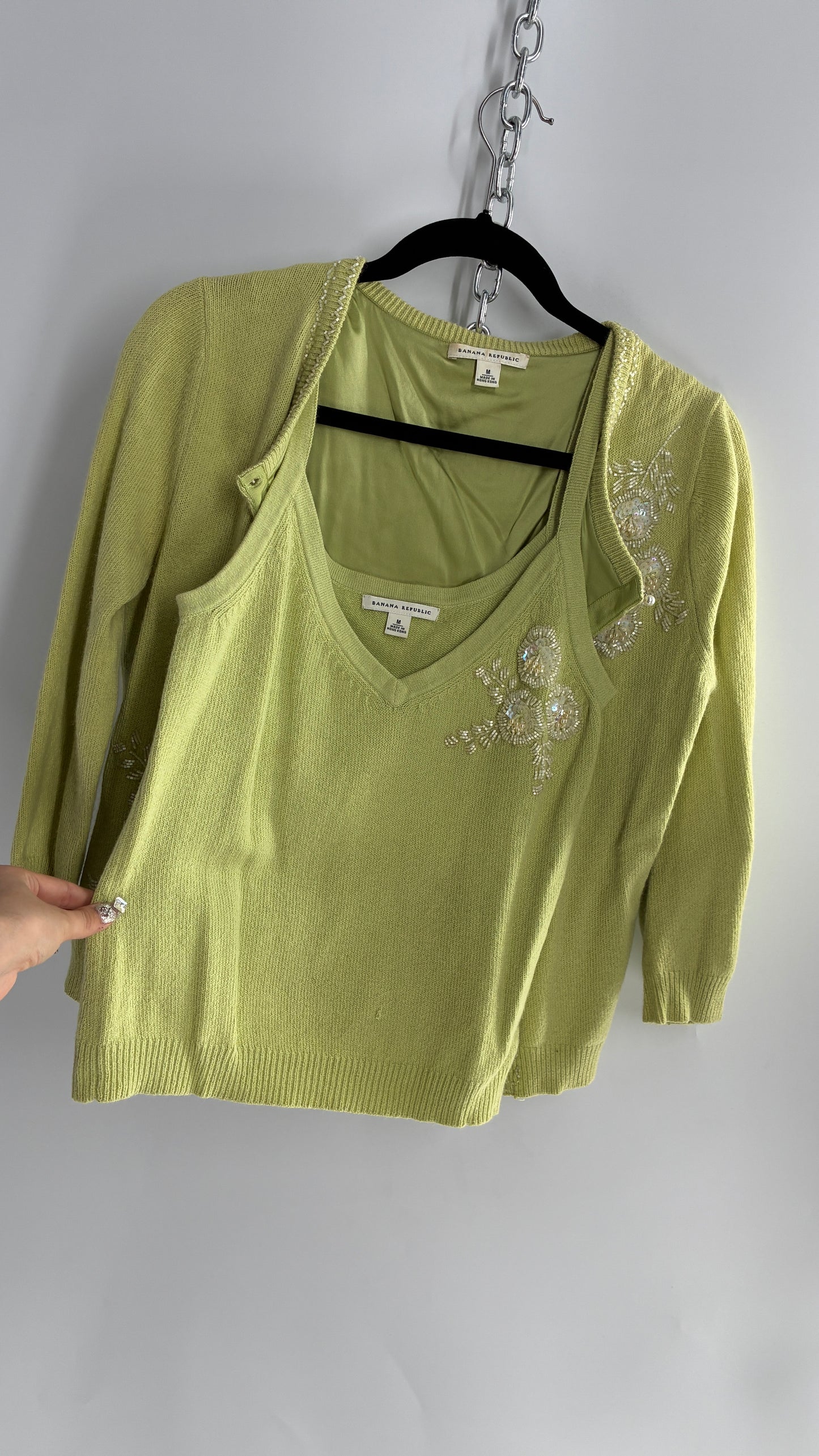 Vintage Banana Republic Bedazzled, Beaded Lime Green Cardigan and Knit Tank Set (Medium)